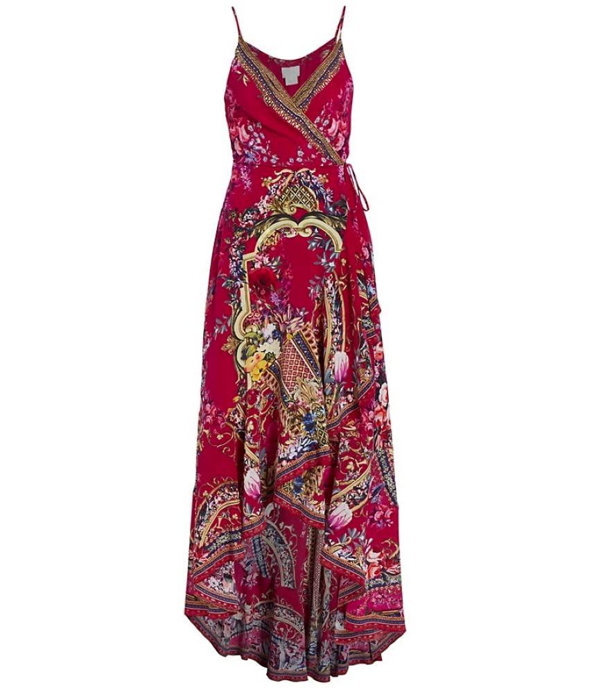 Camilla Women's Draped Front Wrap Silk Dress - Bohemian Floral Print Maxi Dress for Beach Wedding & Summer Vacation