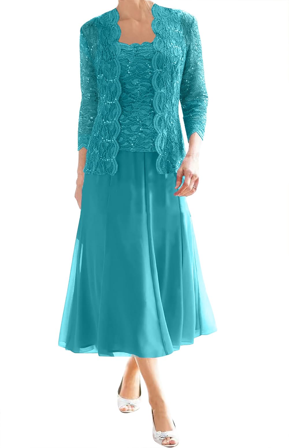Elegant Mother of The Bride Dresses 2024 - Chiffon & Lace Formal Evening Gown with Jacket | Tea-Length Wedding Guest Dress for Grandmother | Perfect for Church Ceremonies, Receptions & Special Occasions