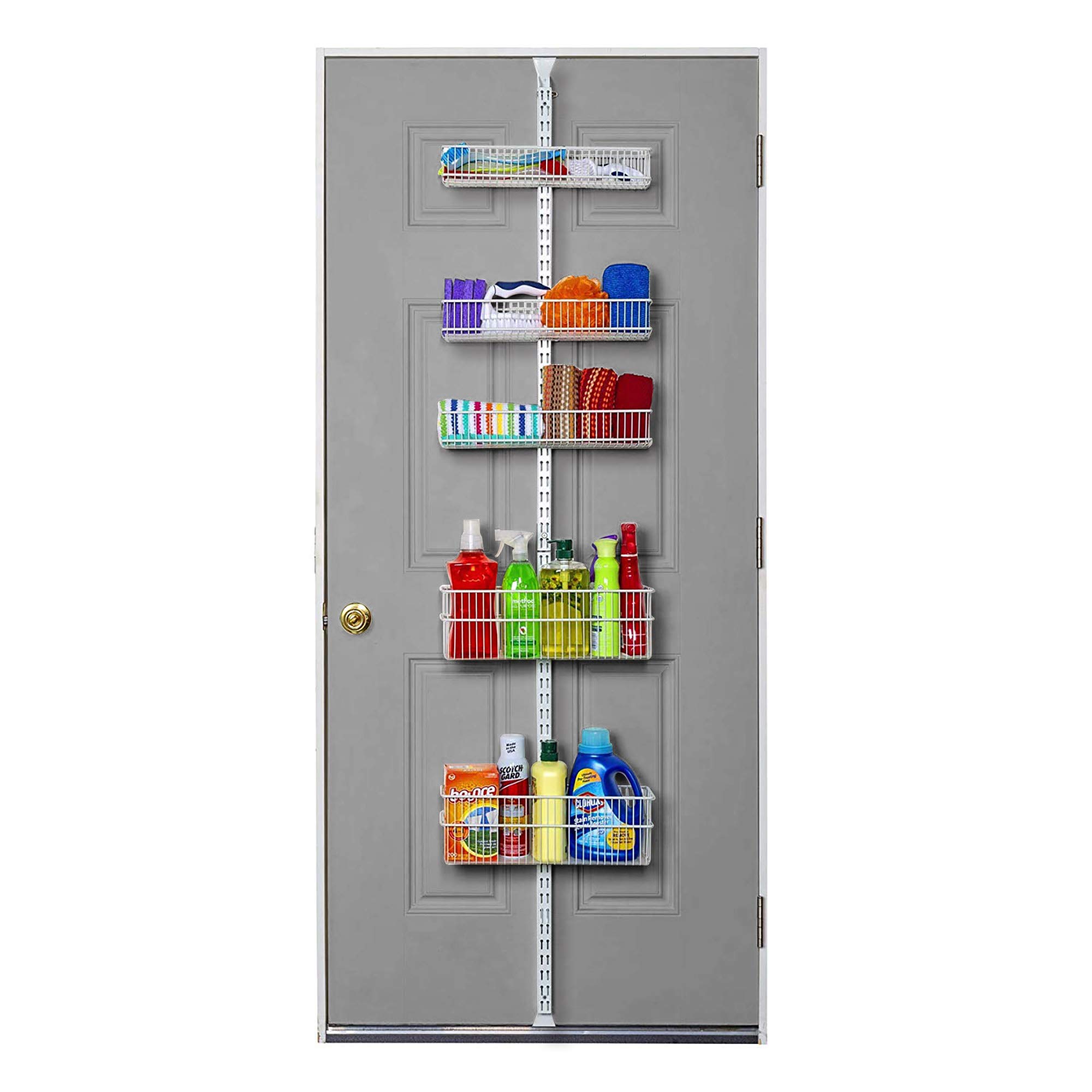 Heavy Duty Carbon Steel Over The Door Pantry Organizer - 5 Wire Baskets for Kitchen, Closet & Bathroom Storage - White 240077E - Perfect for Spice Jars, Cleaning Supplies & Small Item Organization