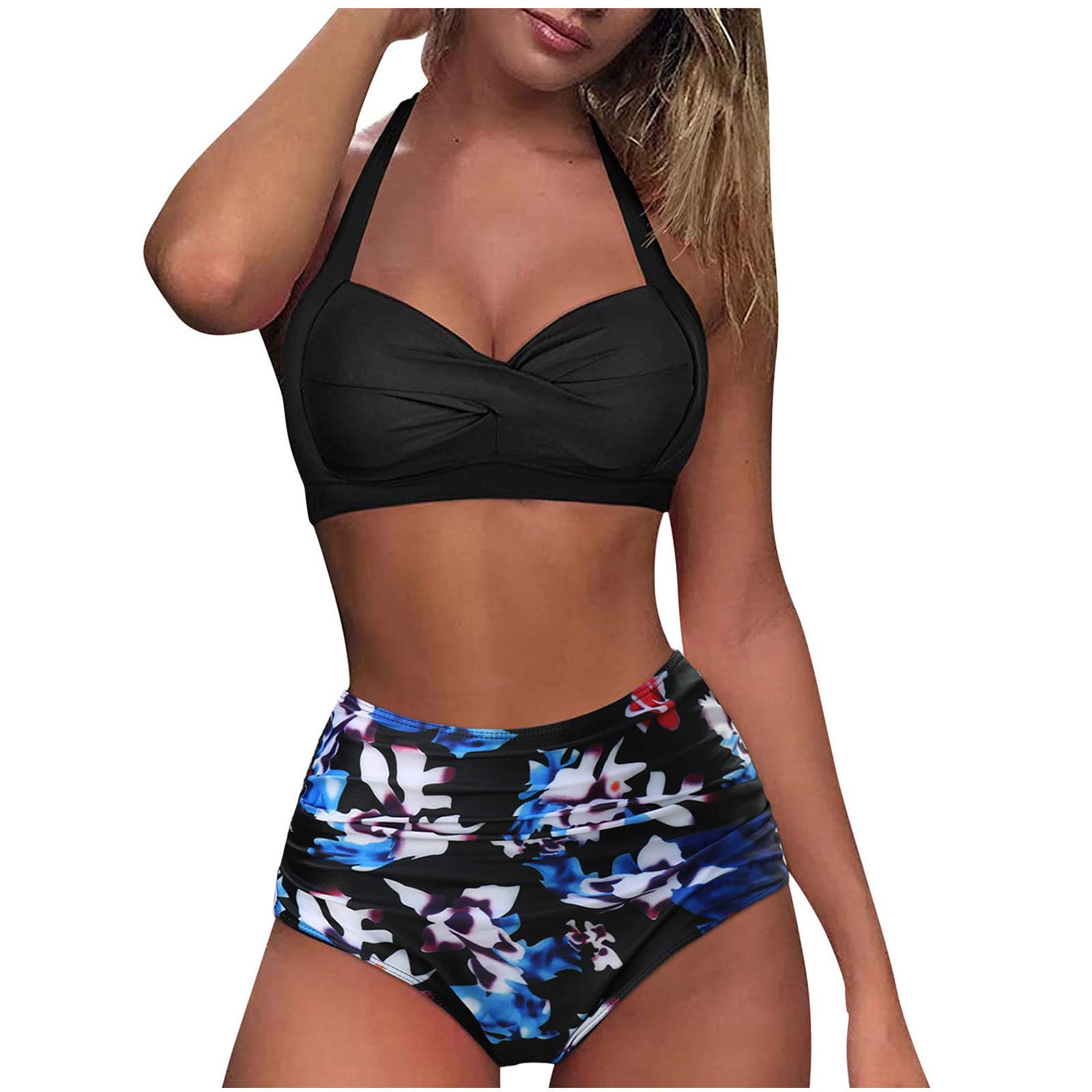 Women's Sexy High Waisted Bikini Set - Summer Floral & Solid Color Swimwear, Tummy Control Two Piece Bathing Suit for Beach, Pool Party & Vacation
