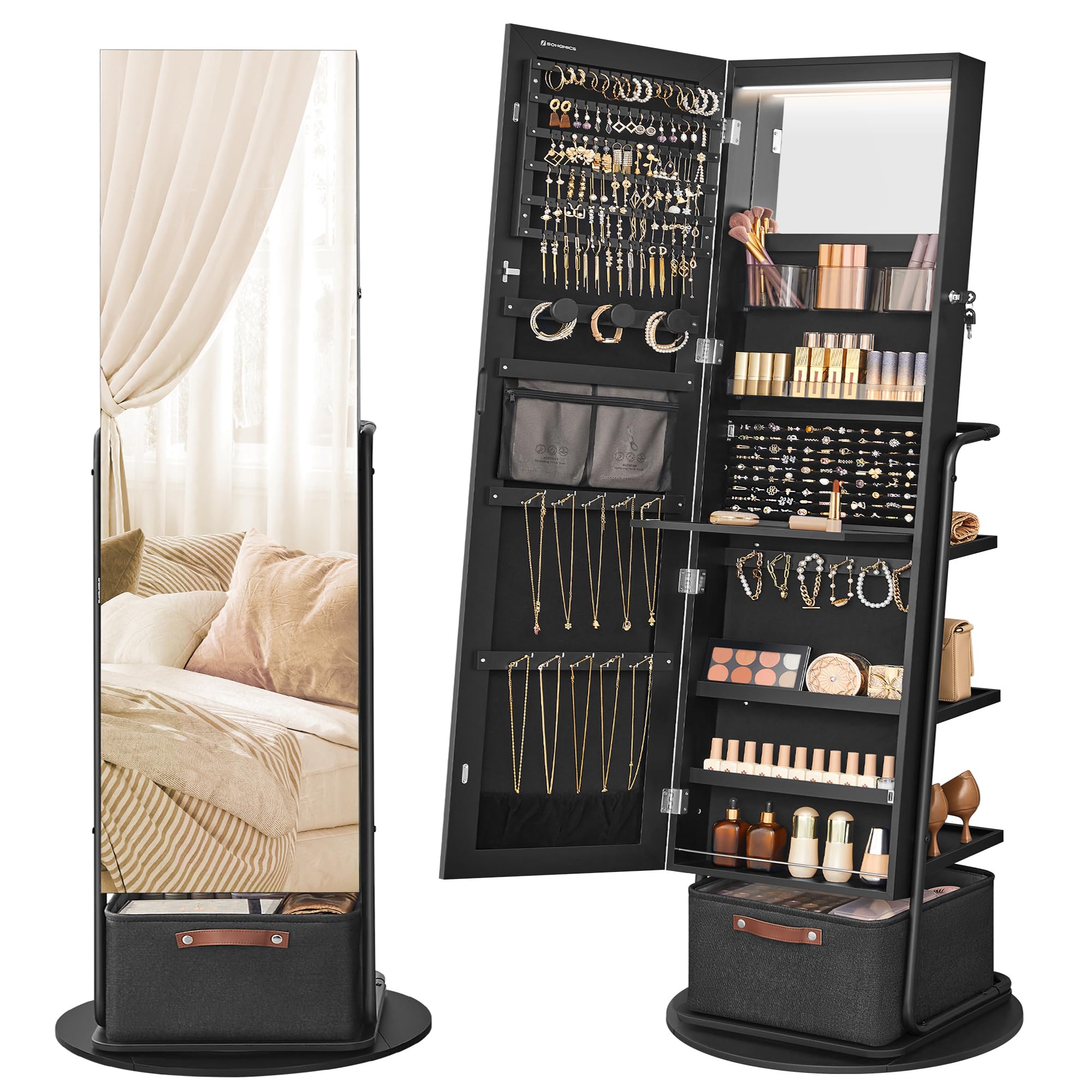 360° Swivel Jewelry Cabinet with LED Lights - Full Length Mirror & Jewelry Storage Organizer, Standing Armoire with Makeup Shelf & Large Storage Basket, Ink Black UJJC018B01 - Perfect for Bedroom, Dressing Room & Closet Organization