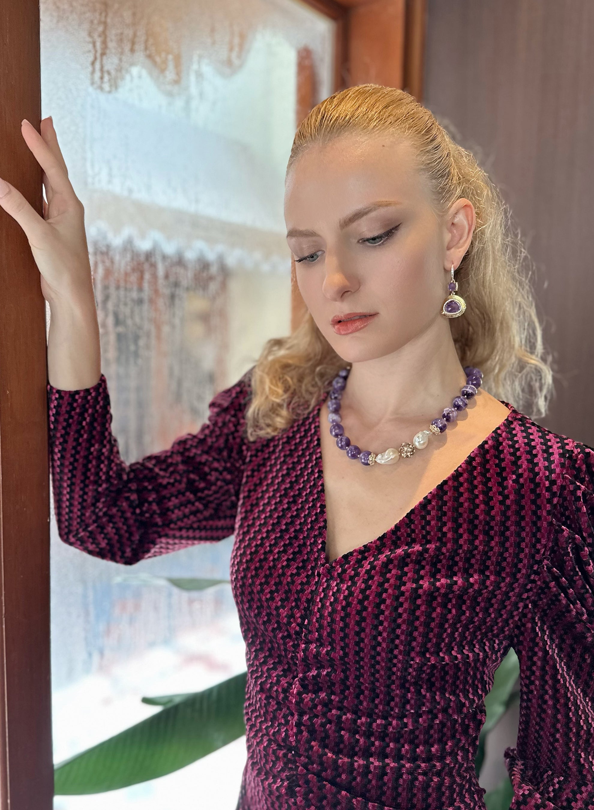 Amethyst Teardrop Dangle Earrings KE028 | Elegant Purple Gemstone Jewelry for Women | Perfect for Weddings, Parties & Special Occasions