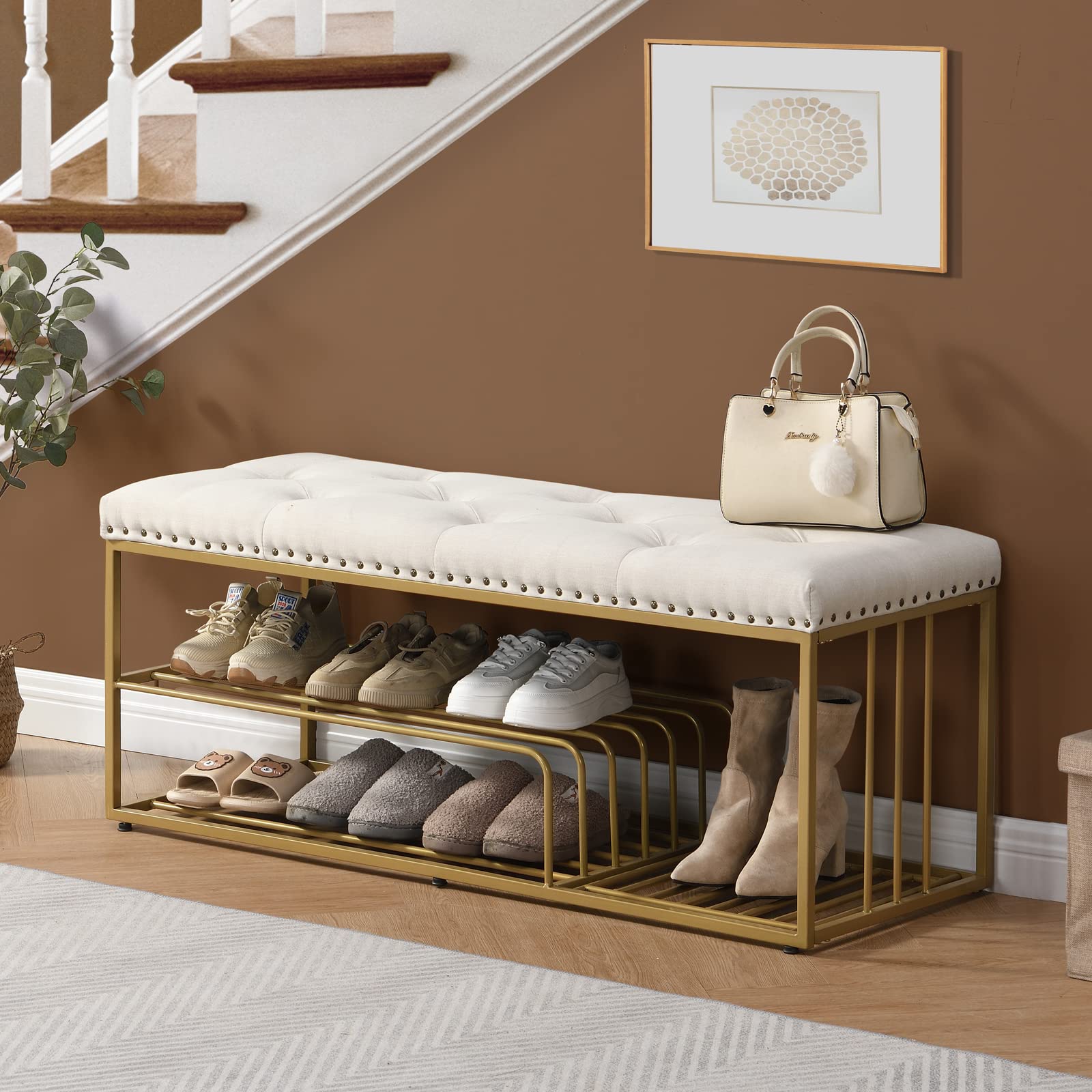Linen Storage Bench with Tufted Padded Seat - Gold Metal Frame Ottoman Shoe Bench for Entryway, Bedroom, Living Room & Mudroom - Beige Home Decor for Small Space Organization