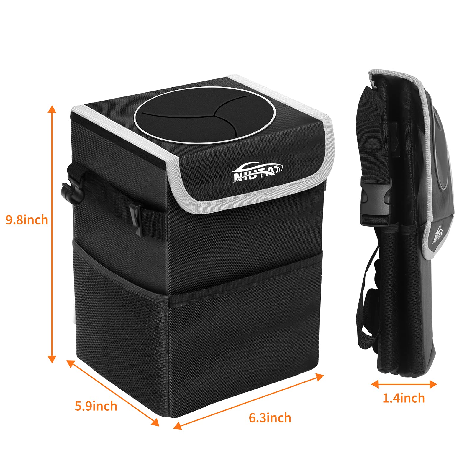 NIUTA Waterproof Foldable Car Trash Can with Lid & Side Net Pocket - Auto Garbage Bin for Car, SUV, Truck, Minivan - Perfect for Road Trips, Commuting & Keeping Vehicles Clean