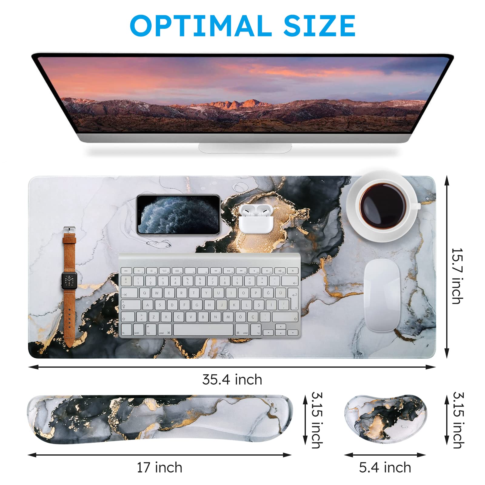 iCasso XXL Gaming Desk Mat with Memory Foam Wrist Rest - 3-in-1 Large Mouse Pad, Keyboard Pad & Ergonomic Support (35.4x15.7in) Ultra Thick Grey Ink Marble Design - Perfect for PC Gaming, Office Work & Pain-Free Typing