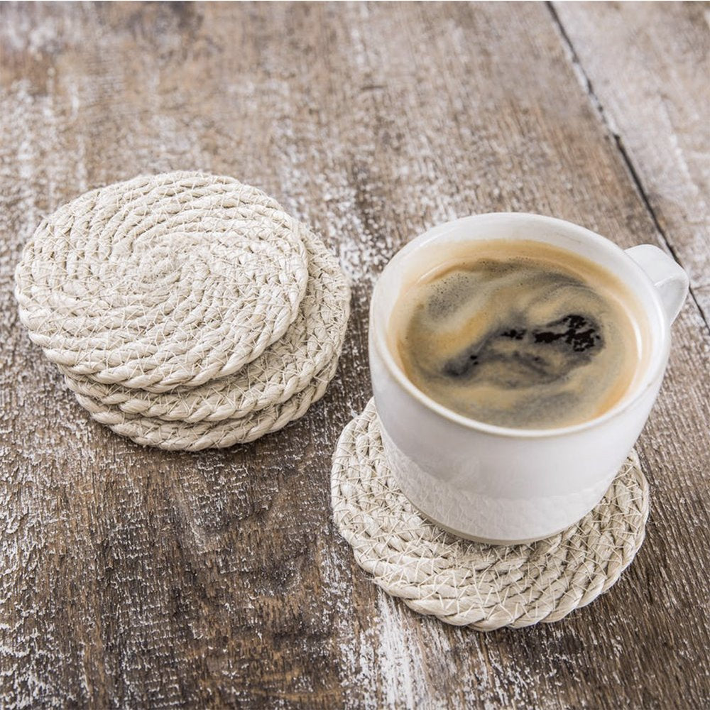 Eco-Friendly Set of 4 Natural Jute Coasters - Absorbent & Durable Drink Coasters for Coffee, Tea, Wine - Perfect for Home, Office, or Restaurant Use