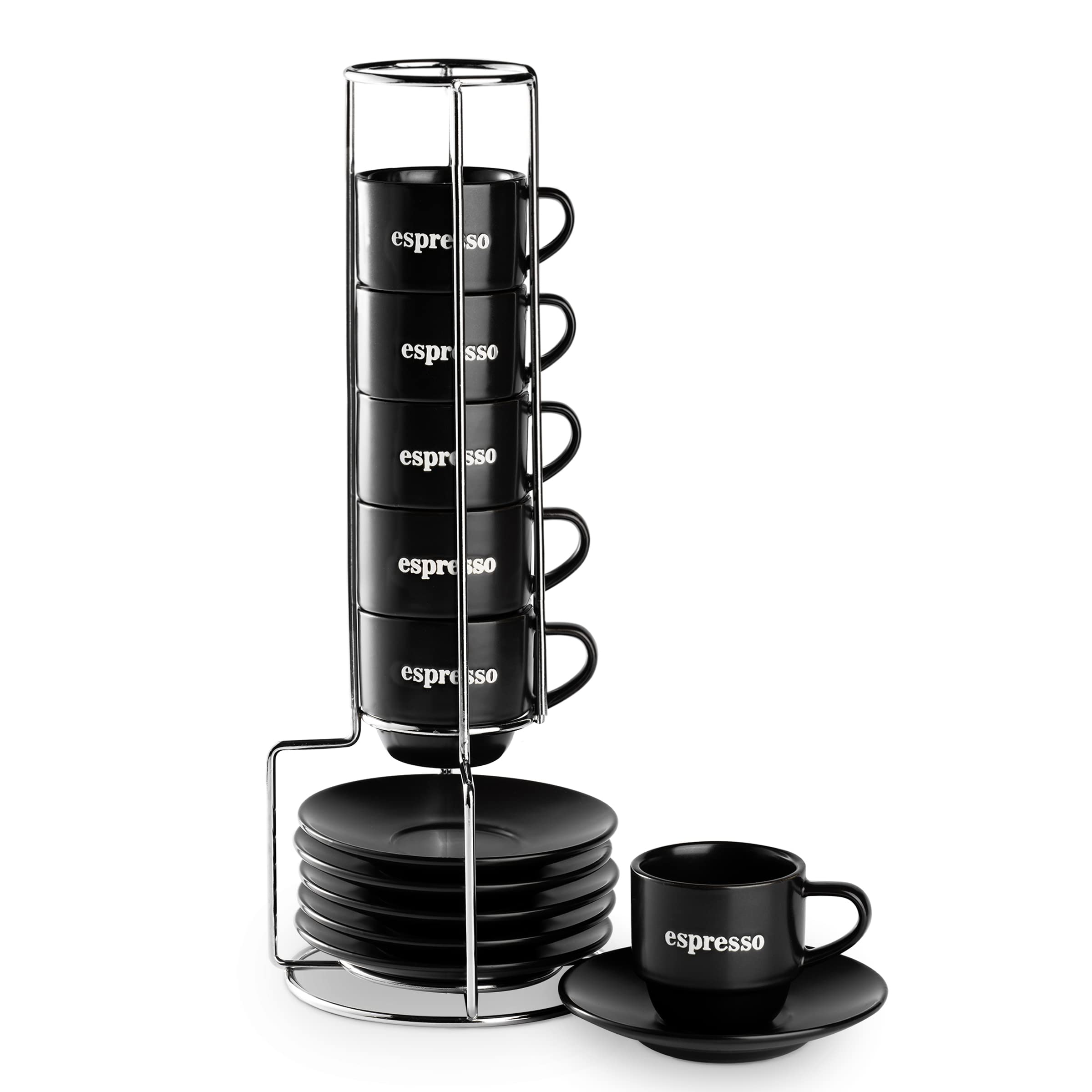 LYEOBOH 4oz Porcelain Espresso Cups with Saucers Set - 6 Stackable Demitasse Coffee Mugs with Metal Stand for Latte, Cappuccino, Mocha & Tea - Perfect for Home Cafes, Coffee Shops & Gifts