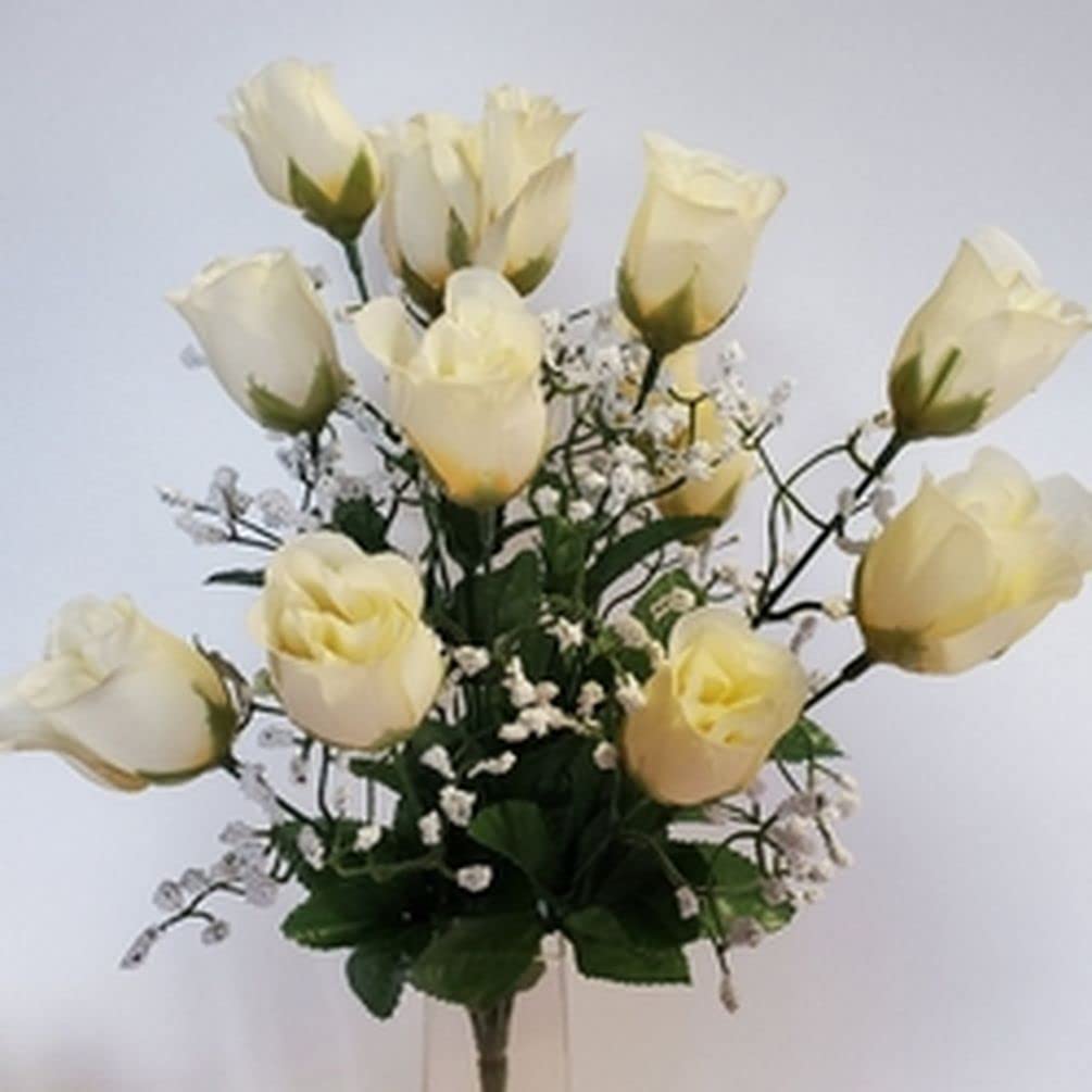 14 Pack Cream & Yellow Rose Bud Bush Artificial Flowers for Home Decor, Wedding Centerpieces, Party Arrangements, and DIY Crafts