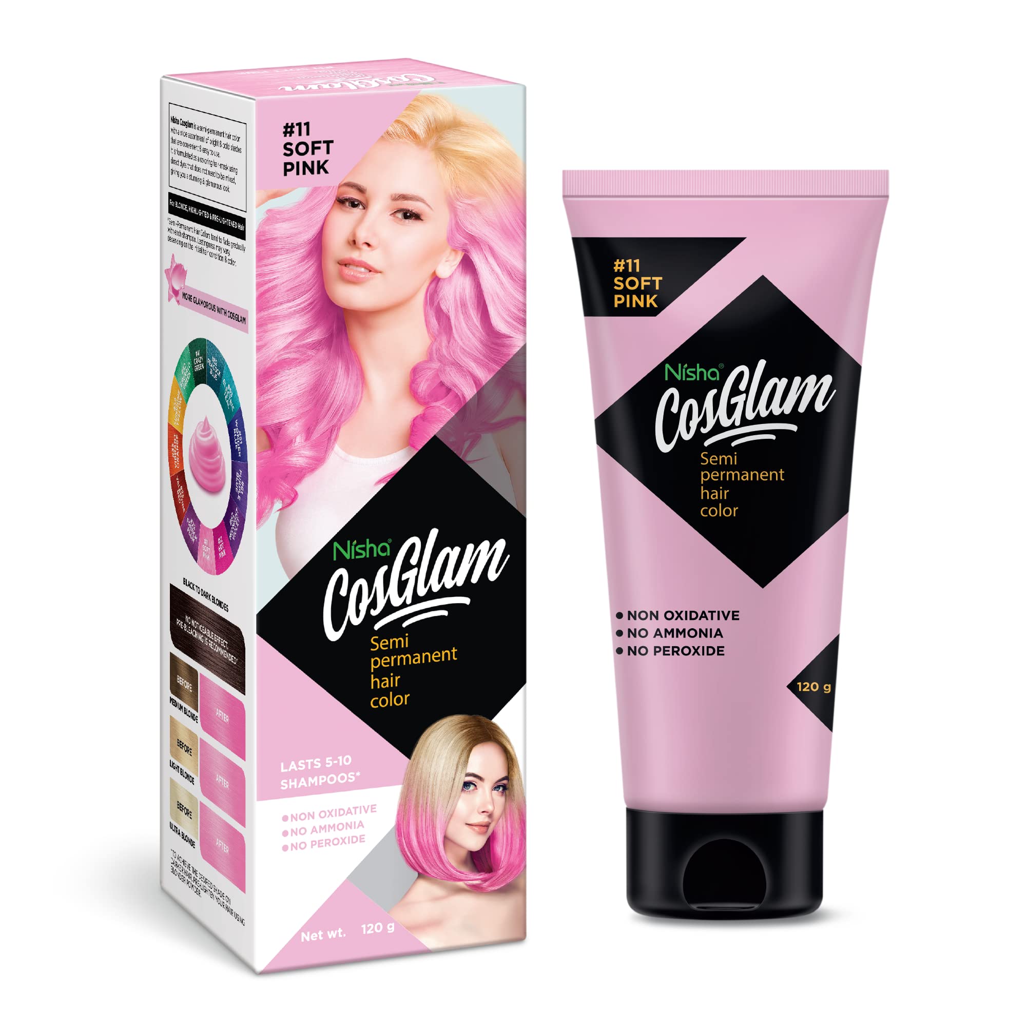 Nisha Cosglam Semi-Permanent Vegan Hair Dye - Ammonia & Peroxide Free Conditioning Color for Men & Women - 120g #11 Soft Pink (Light Pink) - Lasting Glossy Highlights for Everyday Style & Special Occasions