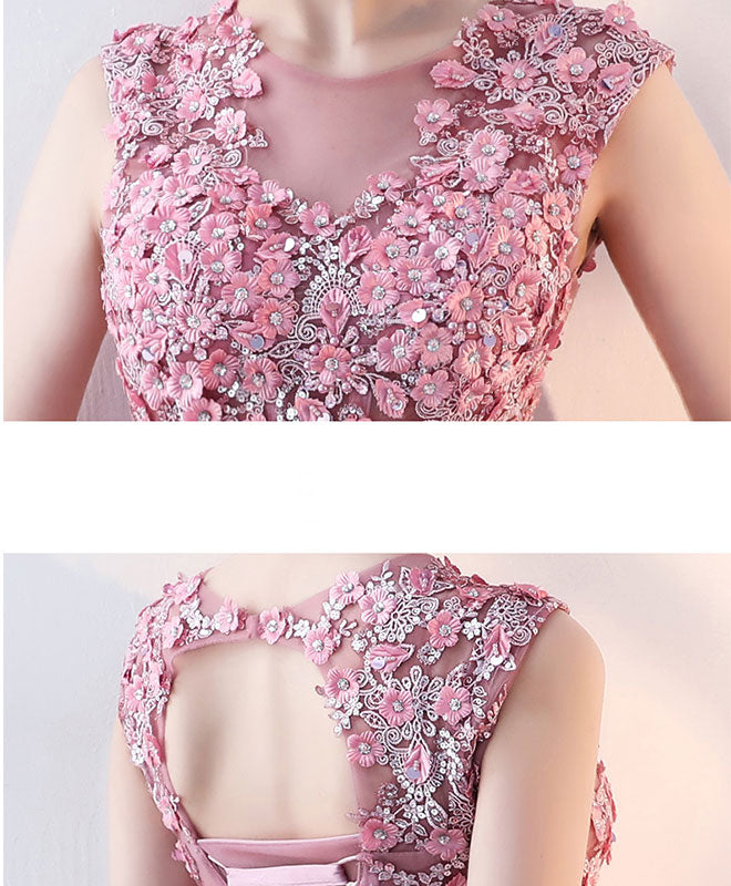 Elegant Pink Tulle Lace Short Prom Dress with Floral Appliques - Homecoming Party Dress for Teens - Perfect for Prom Night, Sweet 16, Quinceañera & Formal Dances