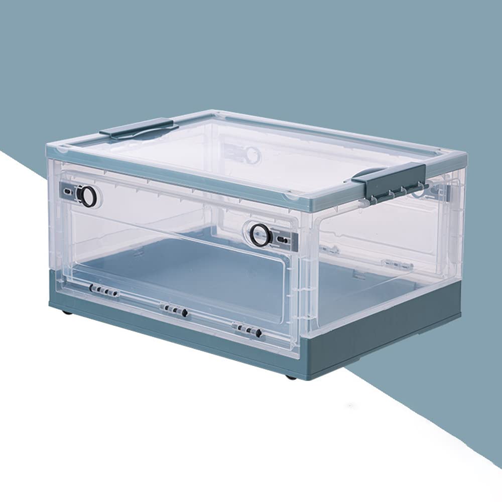 Collapsible Storage Bins with Lids - Stackable Plastic Organizer Containers with Side Opening & Clear Latches - Foldable Storage Box for Home, Office, Closet Organization (50 Quart, Blue) - Perfect for Seasonal Clothes, Toys, and Household Items Storage