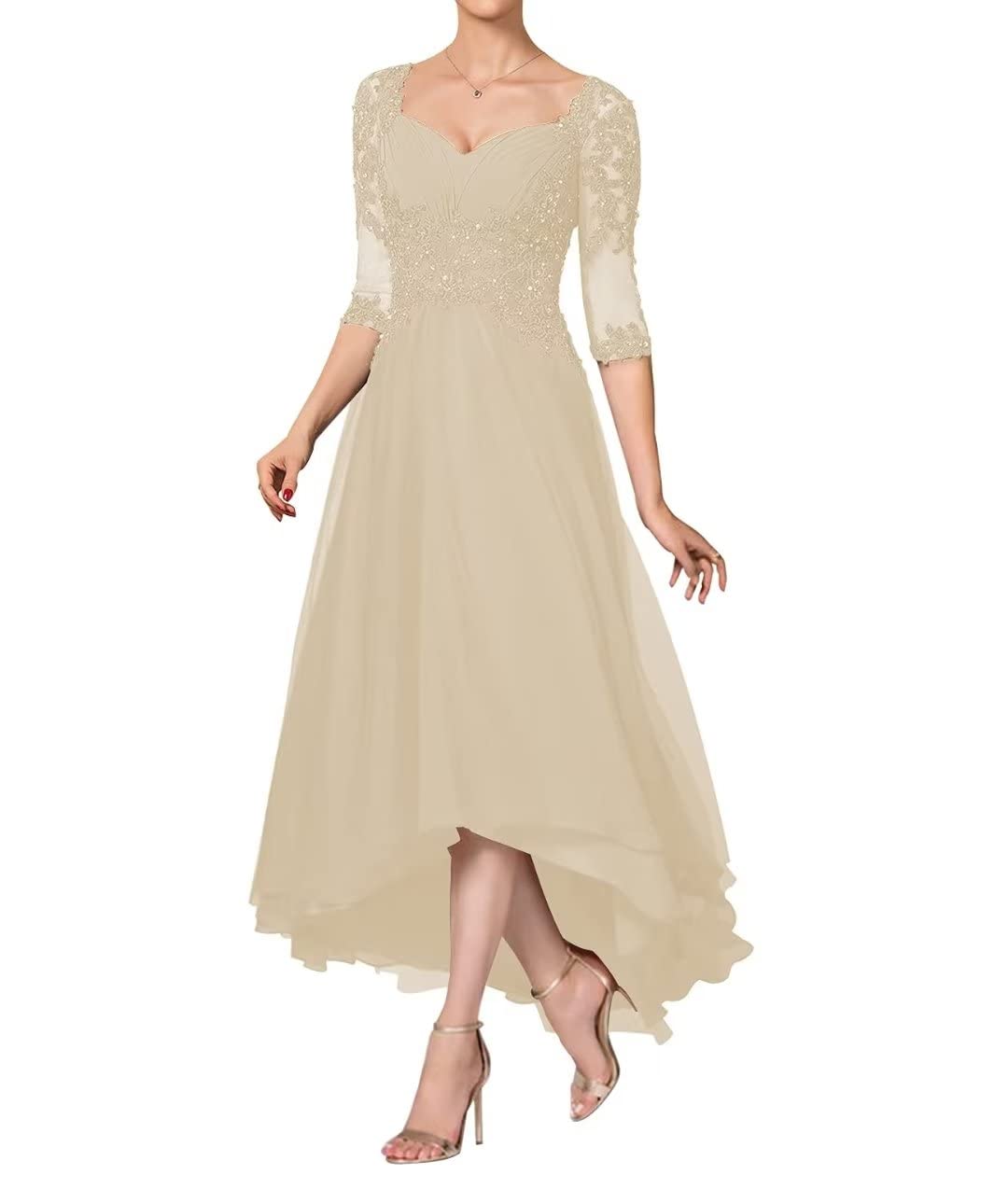 Elegant Mother of The Bride Dress - High Low Chiffon Lace Appliques Formal Evening Gown with 3/4 Sleeves | Wedding Guest, Cocktail Party & Special Occasion Wear