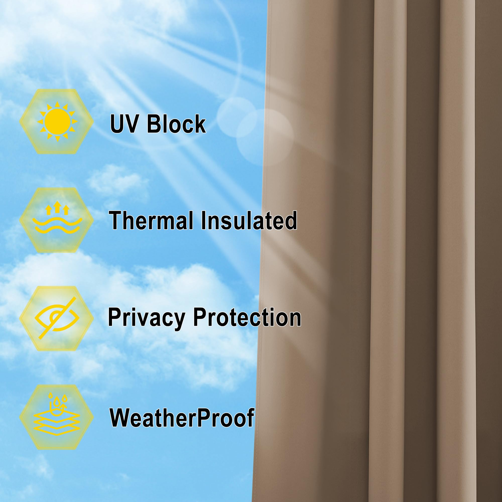 NICETOWN Waterproof Outdoor Porch Curtains - Set of 2 Blackout Patio Curtains with Self-Stick Tab Top, 52x84 Inches Tan - Perfect for Pergola, Patio Privacy & Sun Protection, Great for Outdoor Living Spaces & Backyard Relaxation