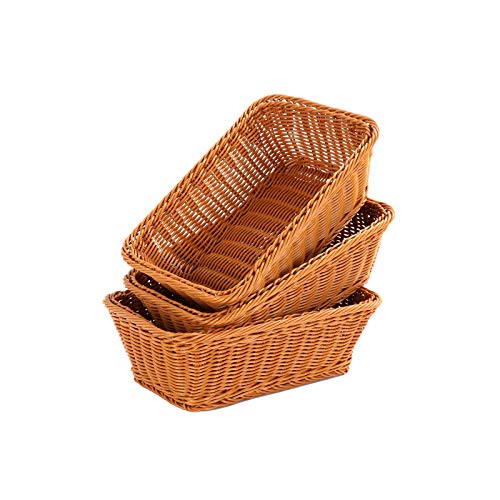 3 Pack Dark Brown Woven Poly Wicker Bread Storage Basket - 40x30x10cm Tabletop Food Serving Basket for Fruits, Vegetables, Bread - Perfect for Restaurants, Supermarkets, Bakeries & Home Kitchen Organization