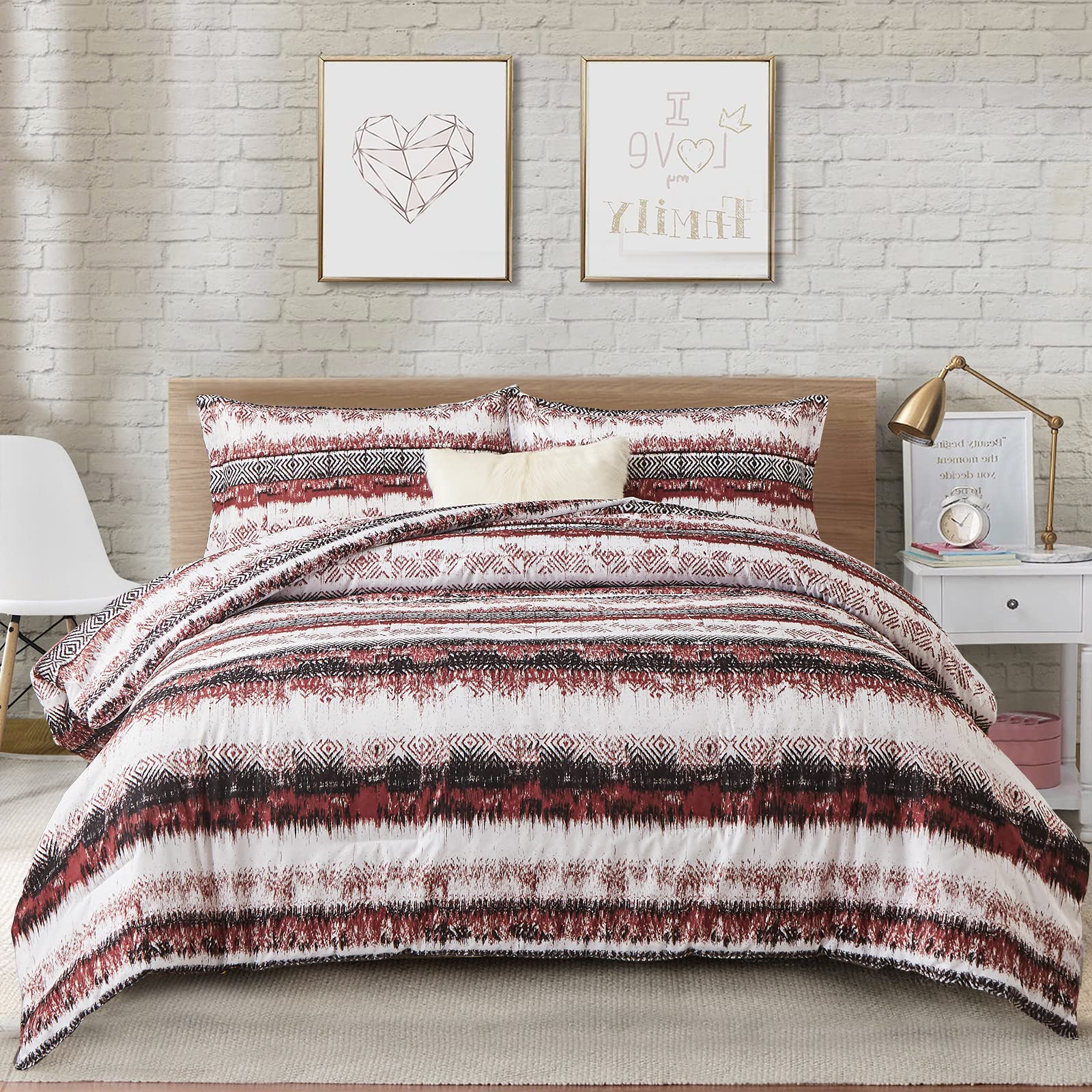 Reversible Purple Rose Pattern Queen Comforter Set - Burgundy & Purple Printed Down Alternative Duvet Cover with 2 Pillowcases | All-Season Soft Microfiber Bedding Set 90x90 Inches for Cozy Bedroom Decor