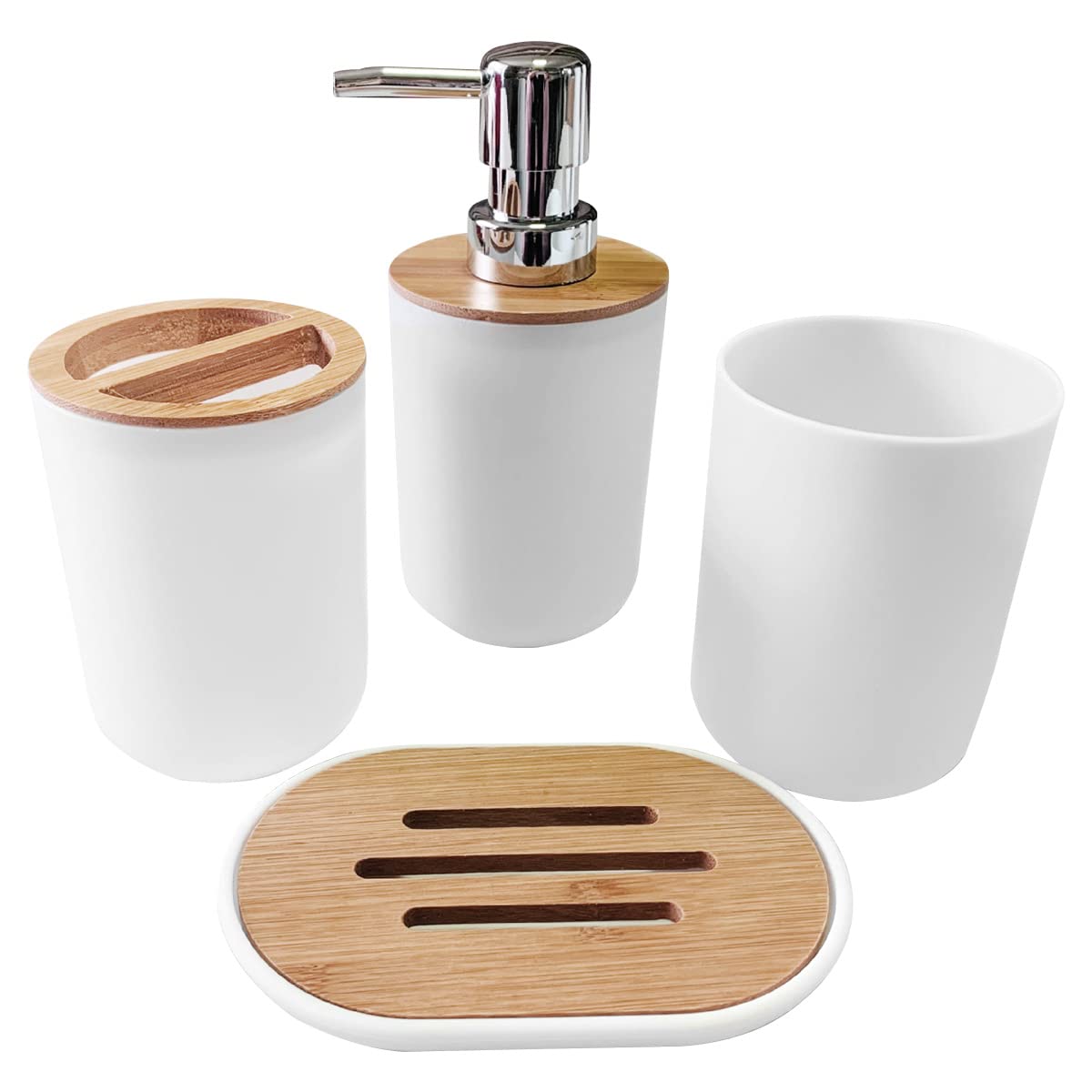 4-Piece Bathroom Accessory Set - Waterproof Toothbrush Holder, Soap Dish, Hand Sanitizer Dispenser & Mouthwash Cup - Modern White Bathroom Organizer for Home, Hotel, Dorm or Gift