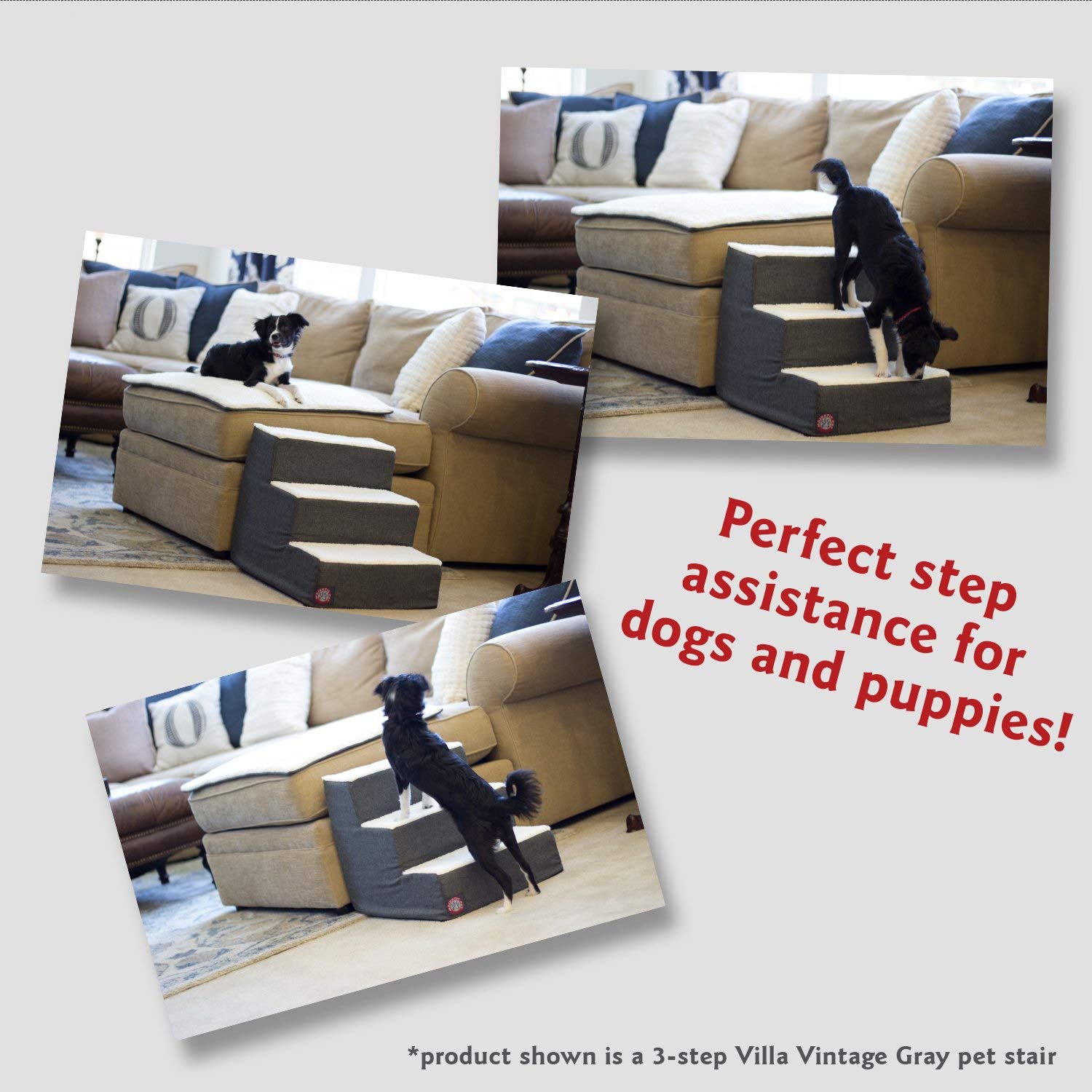 Portable 3-Step Pet Stairs for Small Dogs & Cats - Supports Up to 250 lbs - Machine Washable Cover - Ideal for High Beds, Couches, SUVs & Travel - Heathered Gray