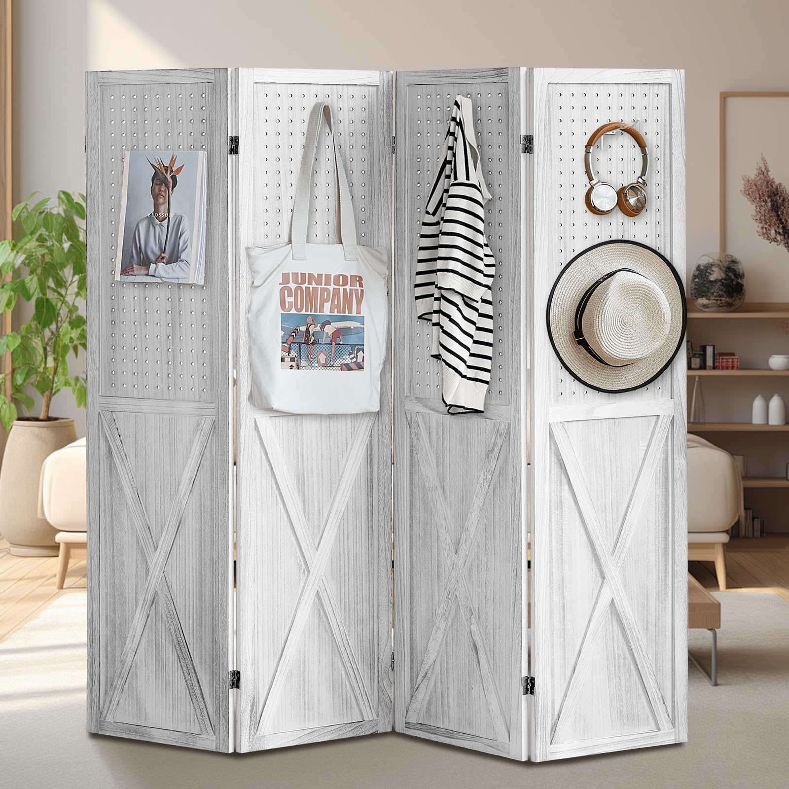 4 Panel Wooden Room Divider Screen - 5.6Ft Folding Privacy Partition with Pegboard Display | Freestanding Trade Show Booth, Craft Fair Display & Home Wall Organizer | Perfect for Room Separation, Retail Displays & Home Decor (Retro White)
