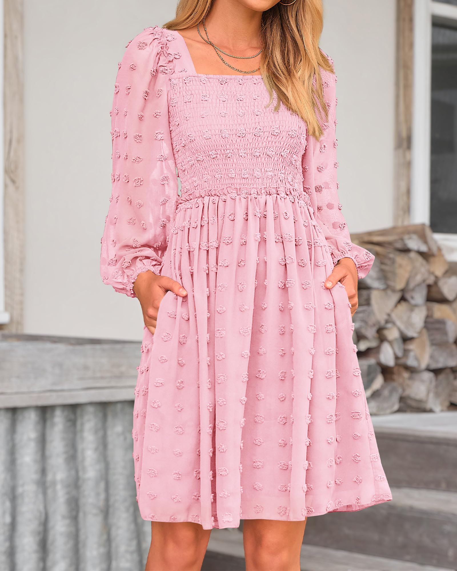 BTFBM Women's Floral Swiss Dot Boho Dress - Square Neck Smocked Mini Dress with Long Sleeves for Spring & Summer 2025 | Perfect for Wedding Guest, Garden Party & Casual Outings