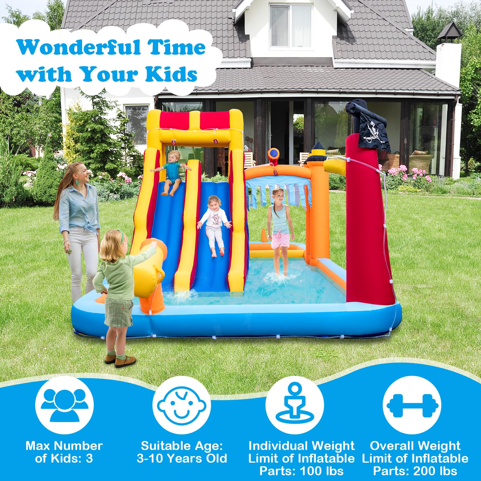 BOUNTECH 23x10FT Inflatable Water Slide Park - Dual Racing Slides, Climbing Wall & Hide & Seek Cave for Kids | Outdoor Blow Up Water Slides for Backyard Parties, Summer Fun & Birthday Gifts | Perfect for Family Gatherings, Pool Parties & Outdoor Adventures
