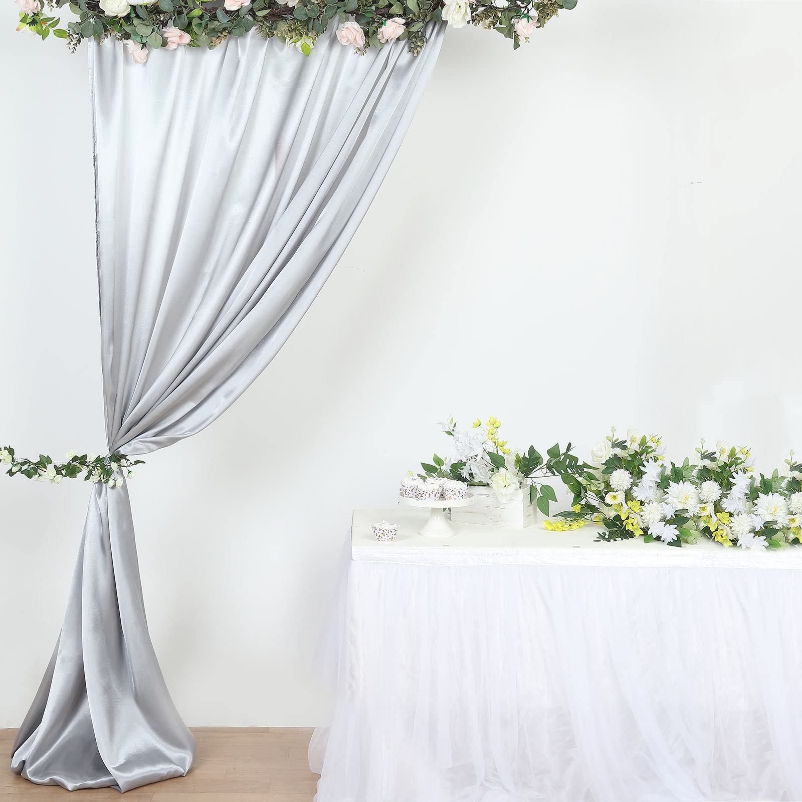 Efavormart 8ft x 10ft Silver Satin Curtain Panel Backdrop Drapes with Rod Pocket - Perfect for Photo Booth, Wedding Decor, Stage Background & Home Theater