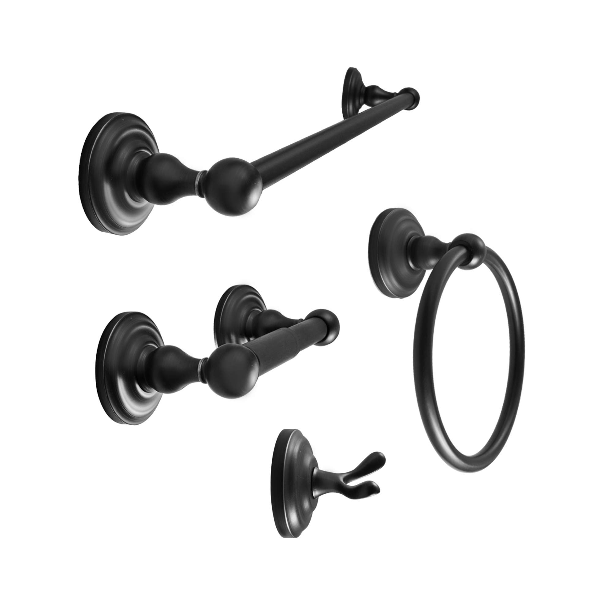 SENTO ROBIKI Matte Black Bathroom Accessories Set - 4-Piece Wall Mounted Bath Hardware Kit with Robe Hook, Toilet Paper Holder, Towel Ring & 18