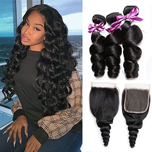 Perstar 10A Brazilian Loose Wave Hair Extensions - 100% Virgin Human Hair Weave Bundles (4 Pcs) with Lace Closure - 22
