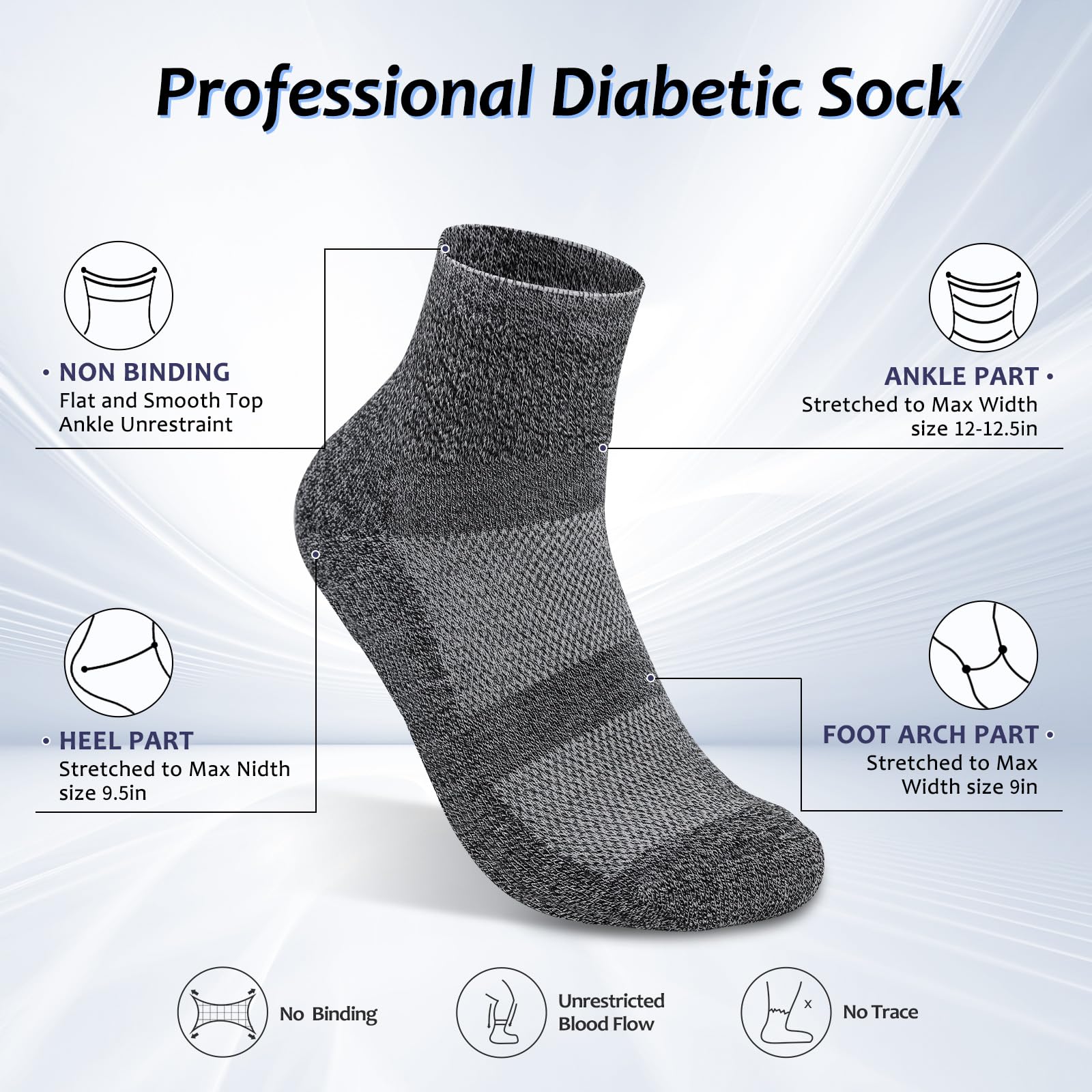 Diabetic Socks for Men & Women - 5 Pairs Bamboo Non-Binding Ankle Socks for Circulation & Comfort (Dark, Large) - Ideal for Diabetes, Neuropathy & Daily Wear