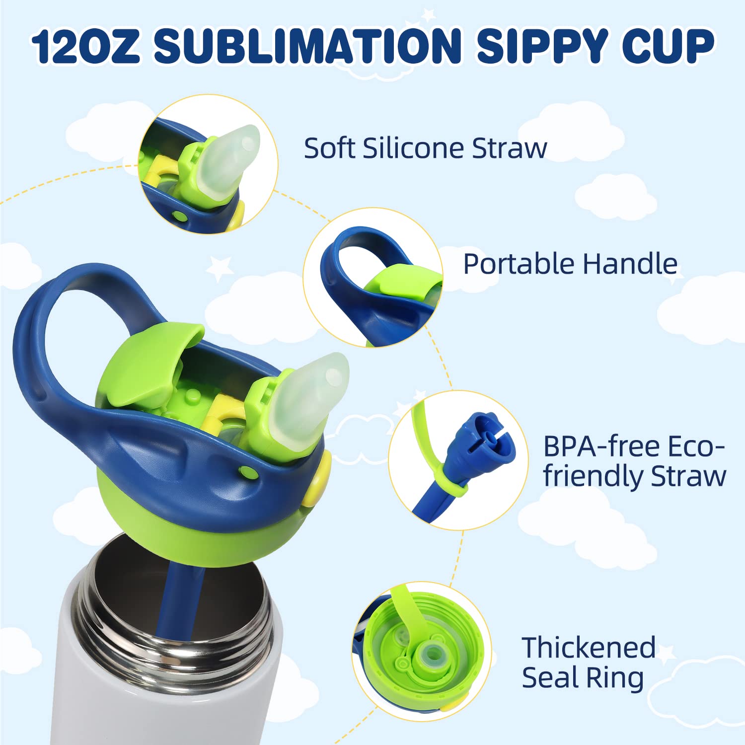 Mocaru 12oz Stainless Steel Insulated Kids Sippy Cup with Leak-Proof Straw Lid & Handle - Sublimation Ready Toddler Water Bottle (4 Pack) - Perfect for Daycare, School, Travel & Outdoor Activities