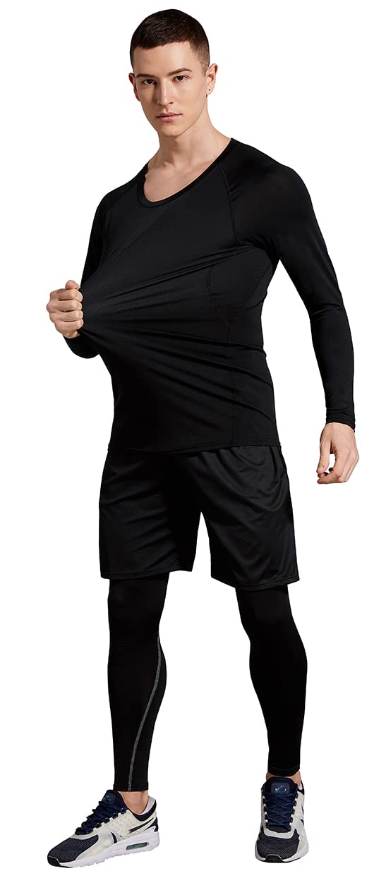 BUYJYA 5-Pack Men's Compression Workout Set - Moisture Wicking Long Sleeve Shirt & Pants for Gym, Running, Training - Breathable Athletic Clothing for Men - Ideal for Workouts, Sports, Yoga & Active Lifestyle - Great for Gym Sessions, Jogging & Fitness Training