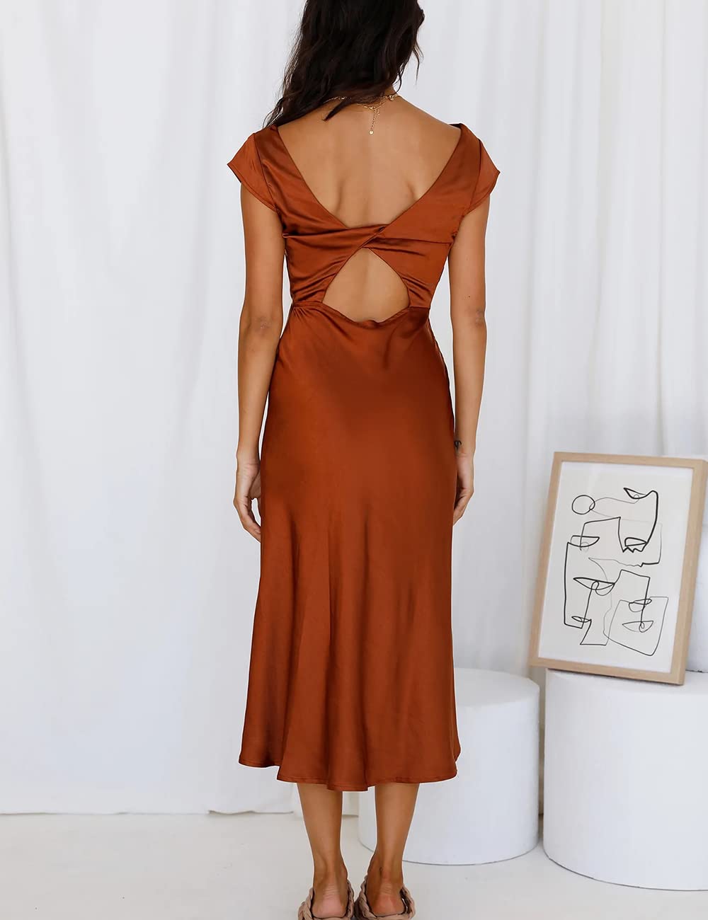 Elegant Women's Summer Satin Backless Midi Dress with Twist Cap Sleeves & Cowl Neck - Sexy Slit Cocktail Dress for Wedding Guest, Party & Special Occasions 2025