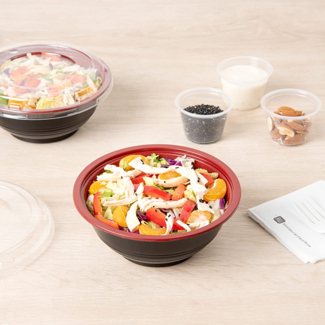 Restaurantware 18oz Disposable Food Containers - 200 Pack Salad Bowls with Lids, Microwave Safe Black & Red Plastic To-Go Bowls | Perfect for Asian Cuisine, Picnics, Takeout, Catering & Meal Prep
