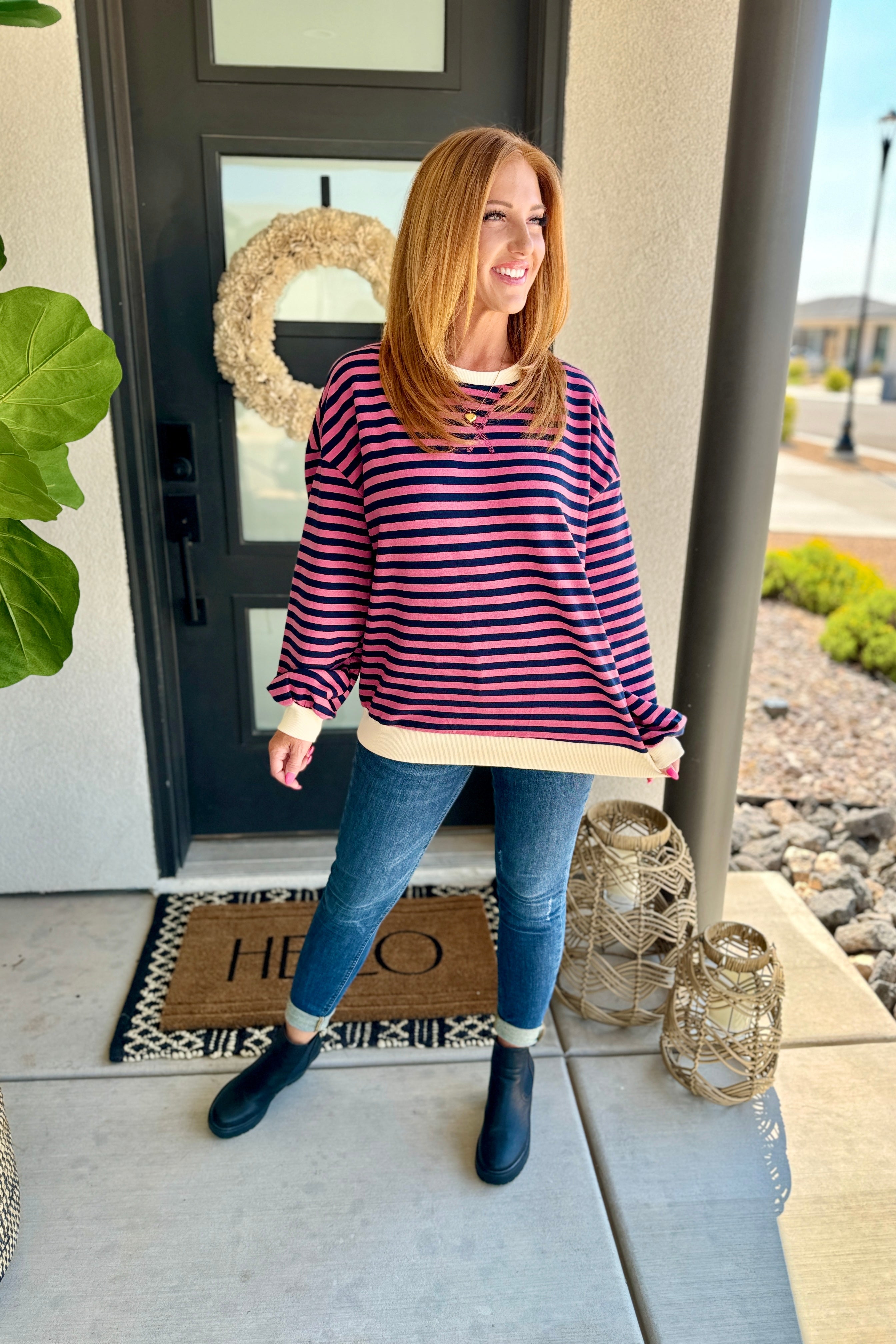 PREORDER: Larson Contrast Pullover Sweatshirt - Pink & Navy | Best Selling Women's Casual Pullover | Perfect for Workouts, Lounging & Everyday Wear
