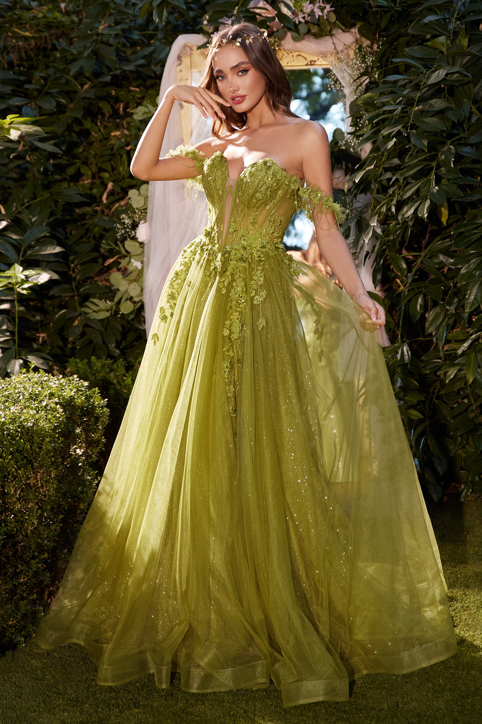 Andrea & Leo A1237 Off Shoulder Slit Leg Floral Tulle A-Line Gown - Elegant Evening Dress for Prom, Wedding, and Special Occasions