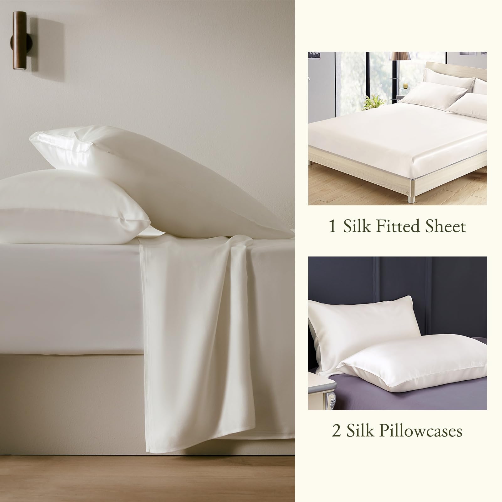 LilySilk 3-Piece 100% Mulberry Silk Bed Sheet Set - Twin Size 19 Momme Luxury Silk Sheets with 16