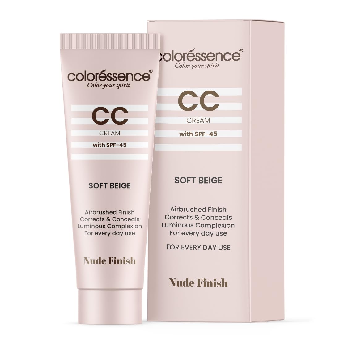 Coloressence Face CC Cream SPF 45 - Instant Brightening & Glow, Medium Coverage Nude Finish Skin Tint with Free Lip Smoothie | Conceals Imperfections & Corrects Skin Tone | Soft Beige Shade | Perfect for Daily Wear, Sun Protection & Flawless Makeup Look