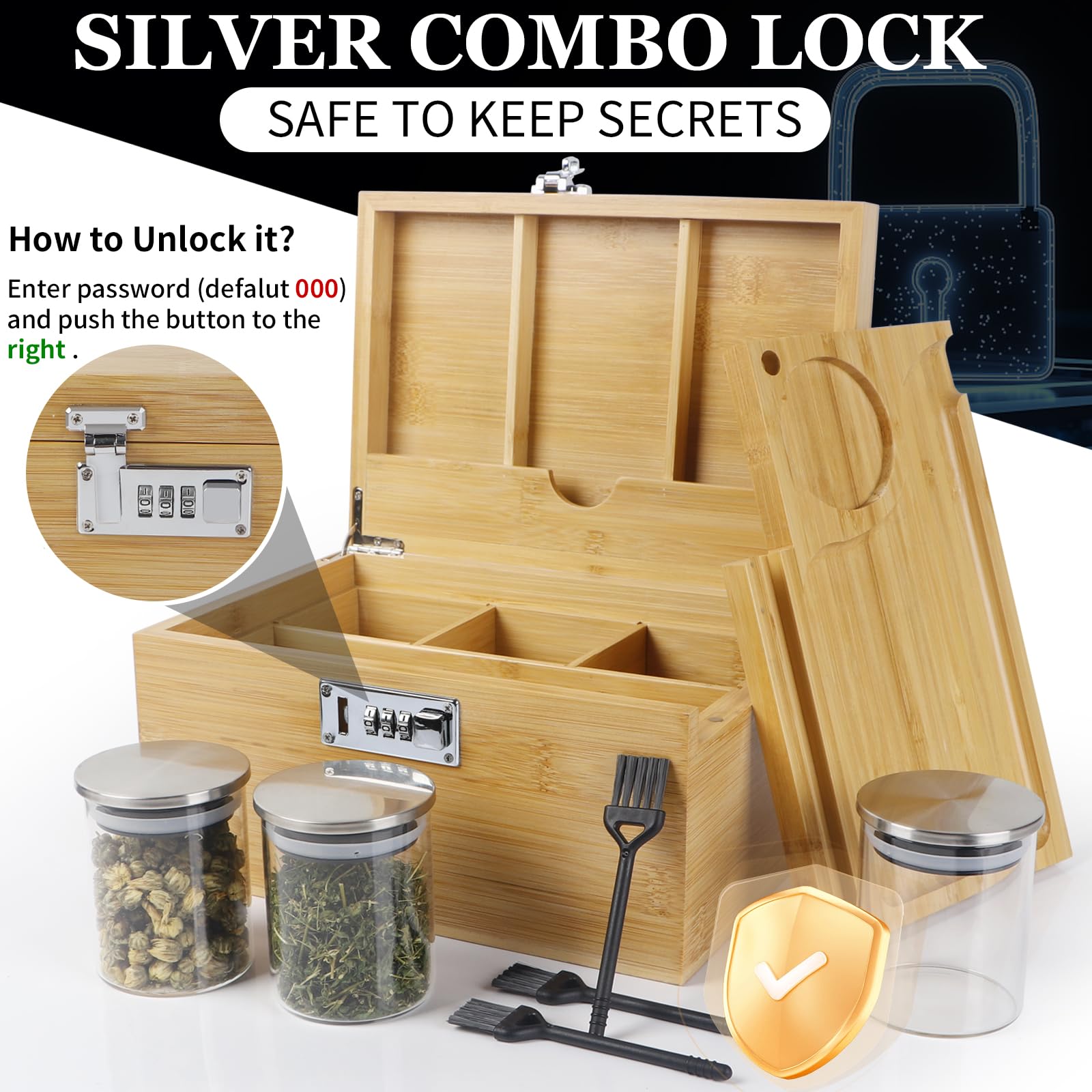 Large Bamboo Storage Box with Combination Lock - Decorative Wooden Organizer with Removable Compartments, Includes Glass Jars & Brushes - Perfect for Home Organization, Jewelry Storage & Gift Giving