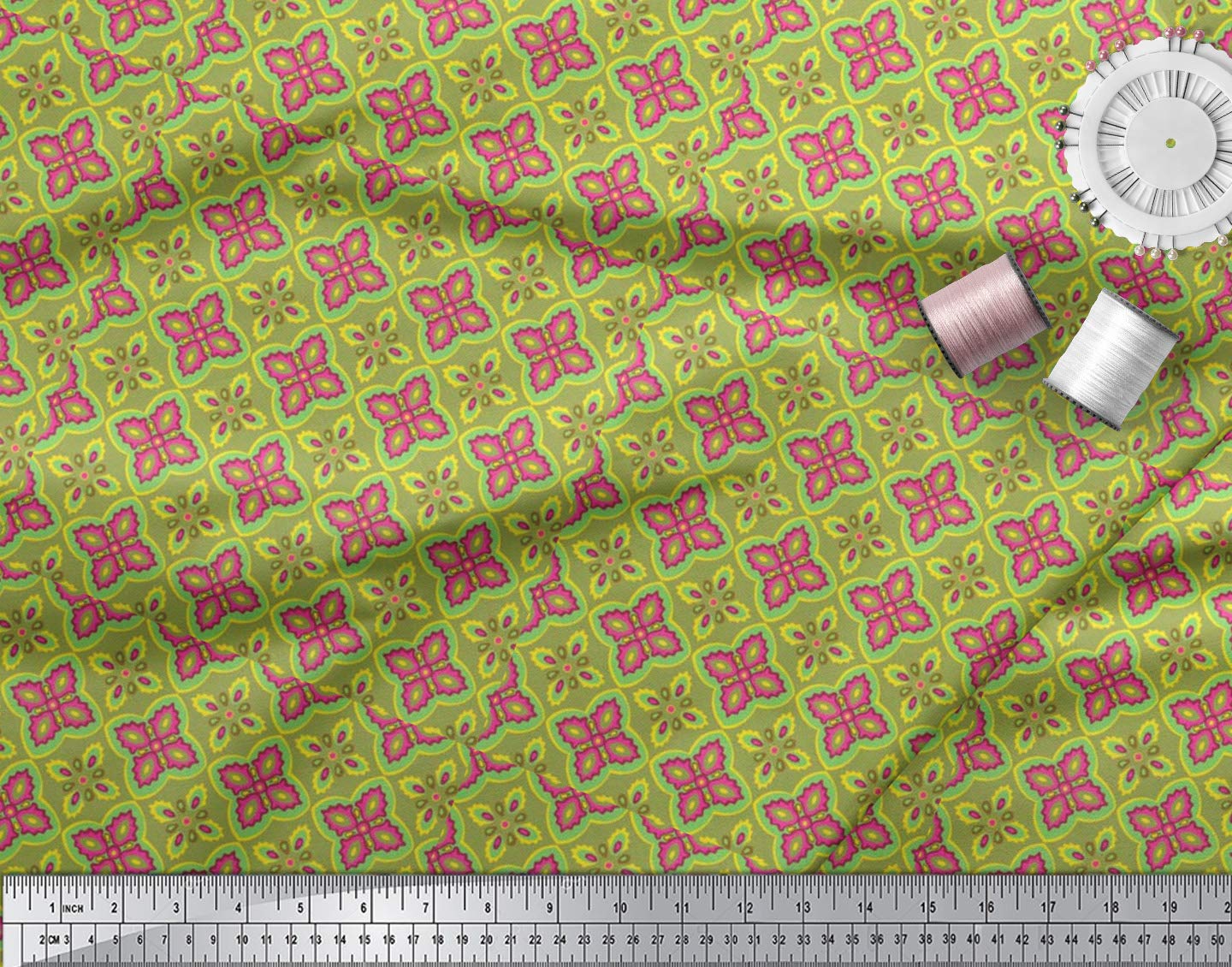 Soimoi Moss Green Georgette Fabric by The Yard - 44 Inch Wide Moroccan Damask Print - Exotic Vibrant Fashion & Home Decor Fabric for Dresses, Curtains, Scarf Making & DIY Projects