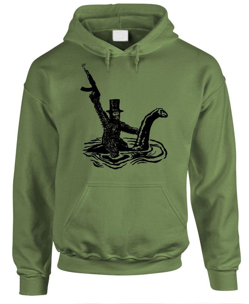 Bigfoot Riding Nessie with AK-47 Print - Men's Graphic Pullover Hoodie Sweatshirt for Casual Wear & Street Fashion