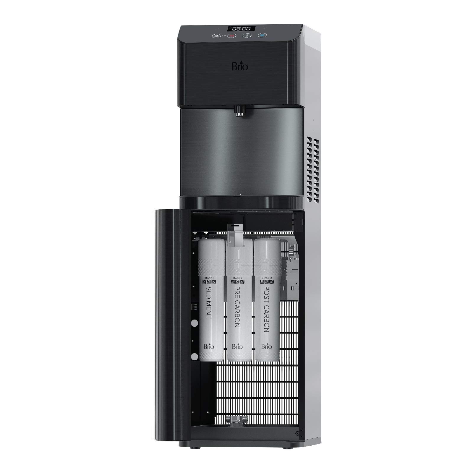 Brio Moderna UV Self-Cleaning Bottleless Water Cooler Dispenser with Filtration System – Adjustable Temperature Control – Digital Clock & LED Nightlight – Hot, Cold & Room Water Options – Black Stainless Steel – Perfect for Home, Office or Gym Hydration
