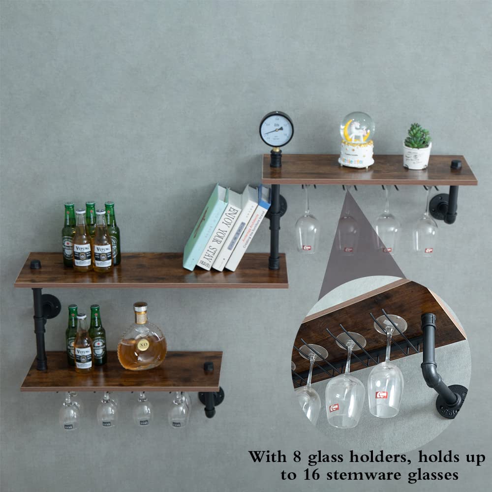 MAIKAILUN 3-Tier Wall Mounted Wine Rack - Corner Hanging Floating Shelves with Glass Holder | Industrial Rustic Pipe Design for Kitchen, Bar & Farmhouse Decor (Black) | Perfect for Small Spaces & Home Bar Organization