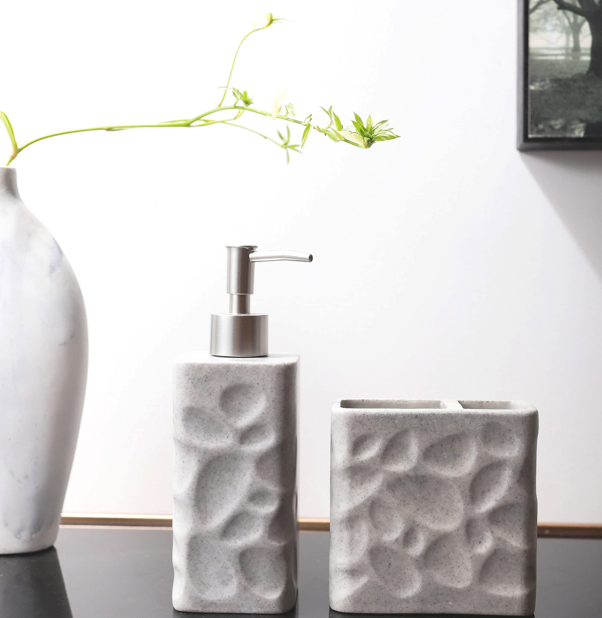 Hymmah 4-Piece Farmhouse Bathroom Accessories Set - Resin Toothbrush Holder, Soap Dispenser, Soap Dish & Tumbler | Rustic Decor for Bathroom, Apartment Essentials | Perfect for Guest Bathrooms, Small Spaces & Housewarming Gifts