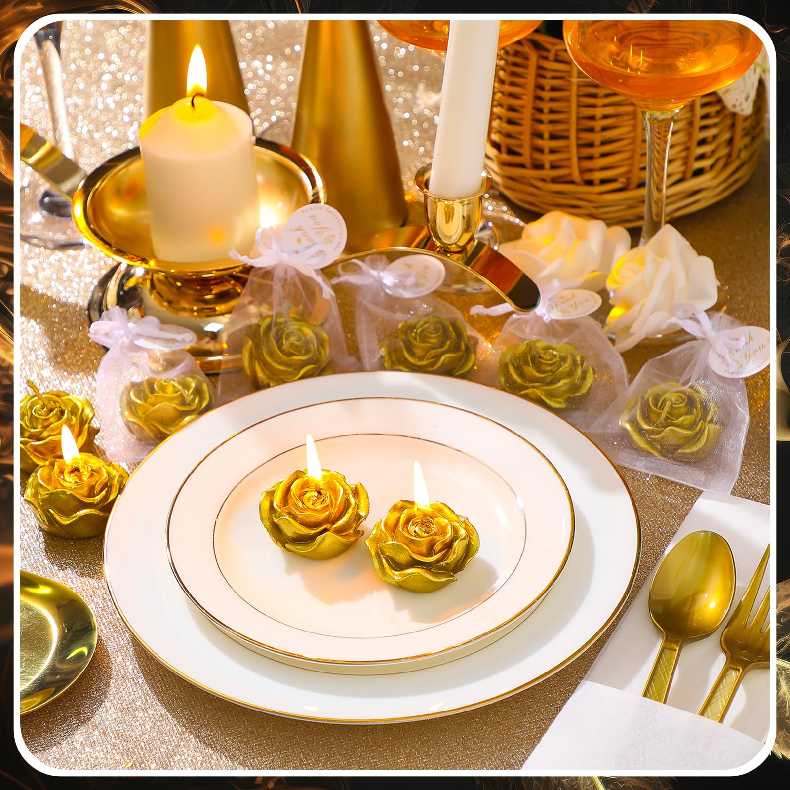24-Pack Rose Tealight Candles for Wedding Favors & Parties - Gold Mini Floral Candles for Birthdays, Showers, Housewarming