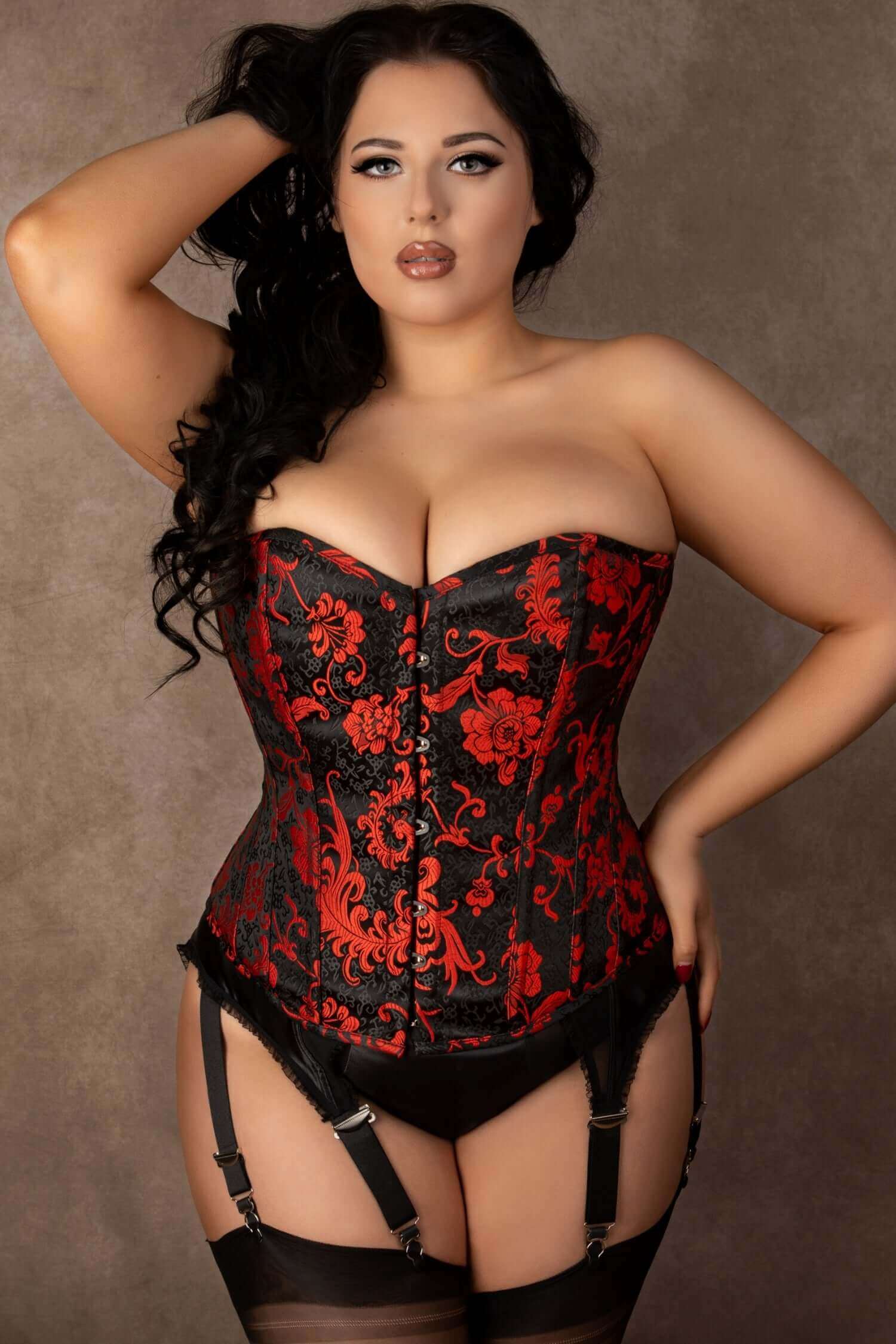 Plus Size Maeve Black & Red Floral Overbust Corset for Women - Vintage Waist Training Corset Top for Burlesque, Cosplay & Evening Wear