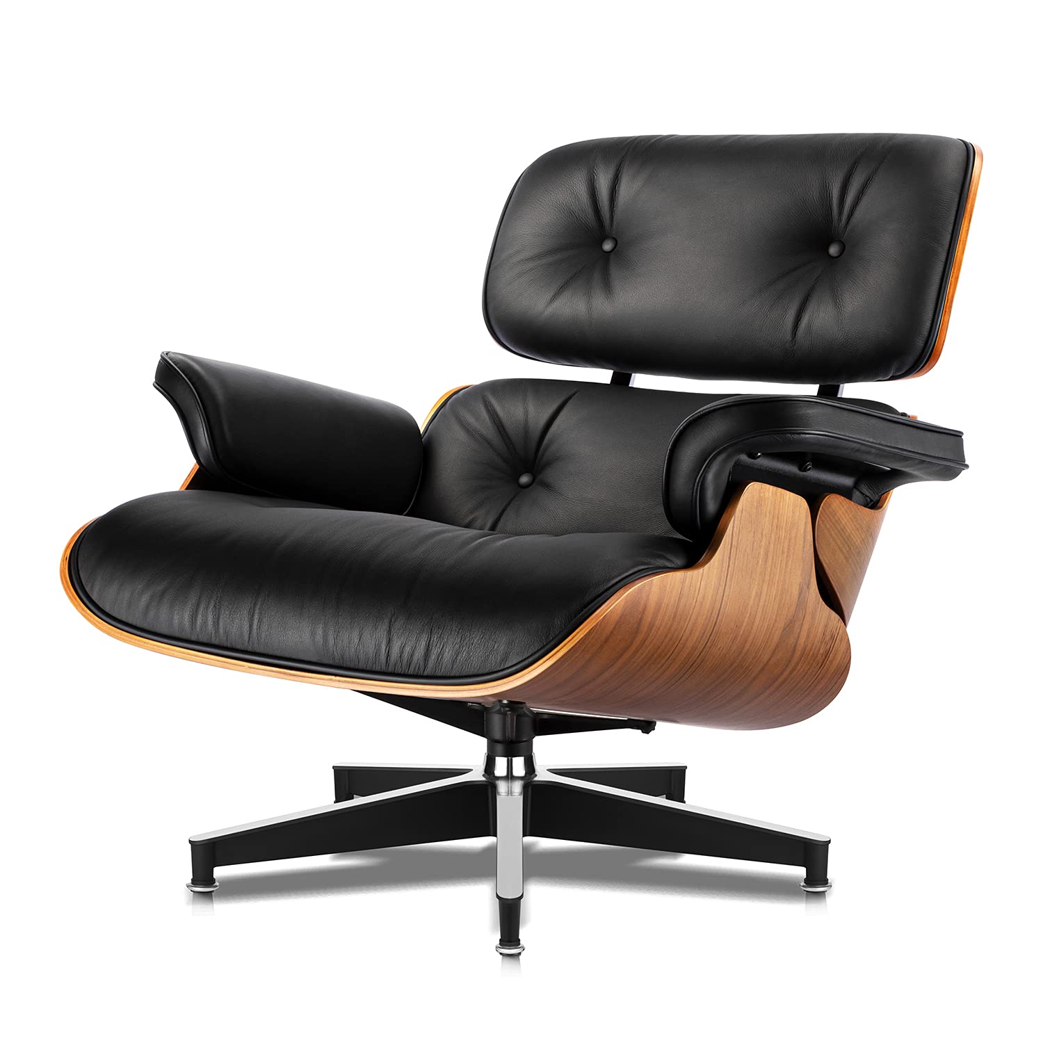 Premium Black Grain Leather Mid-Century Modern Chaise Lounge Chair with Ottoman - Heavy Duty Base, Classic Design for Living Room, Study, Lounge & Office - Walnut Finish (Upgraded Tall Version) - Perfect for Relaxing, Reading & Home Decor