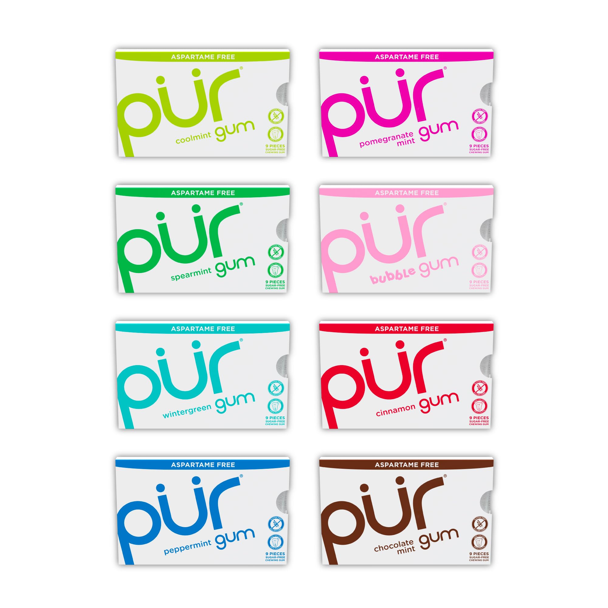 **PUR Gum Aspartame Free Chewing Gum - 100% Xylitol, Natural Flavors, Variety Pack (9 Pieces, Pack of 8) - Fresh Breath for Workouts, Travel & Daily Use**