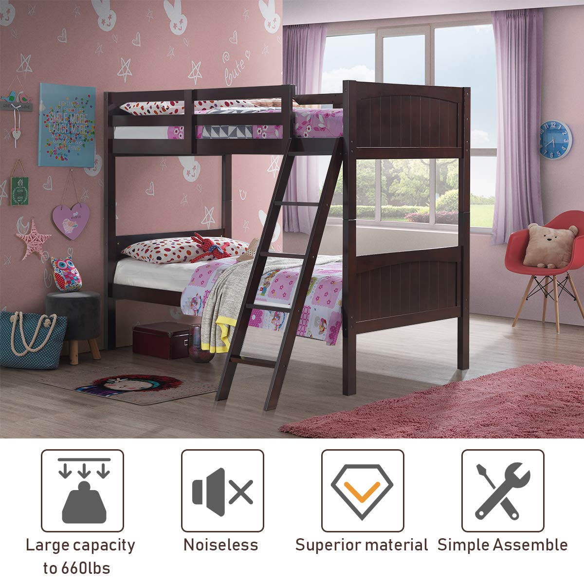 Costzon Solid Rubberwood Twin Over Twin Bunk Bed for Kids - Convertible to 2 Individual Twin Beds with Ladder & Safety Rail - Espresso Finish - Perfect for Kids' Bedrooms, Sleepovers & Space-Saving Solutions