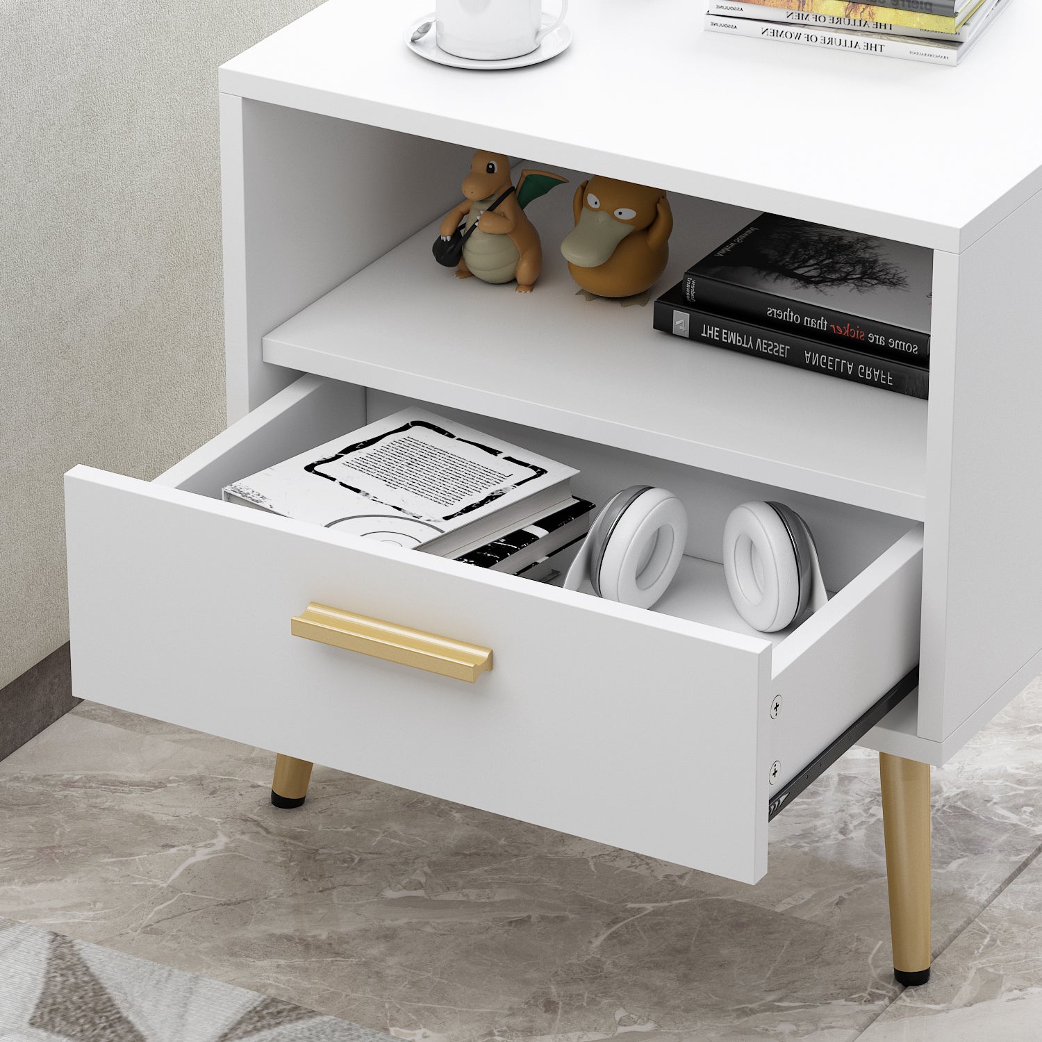 Compact Bedside Cabinet with 1 Open Shelf & 1 Drawer - Nightstand Storage Table for Bedroom, Living Room, or Office - Perfect for Organizing Books, Lamps, and Essentials
