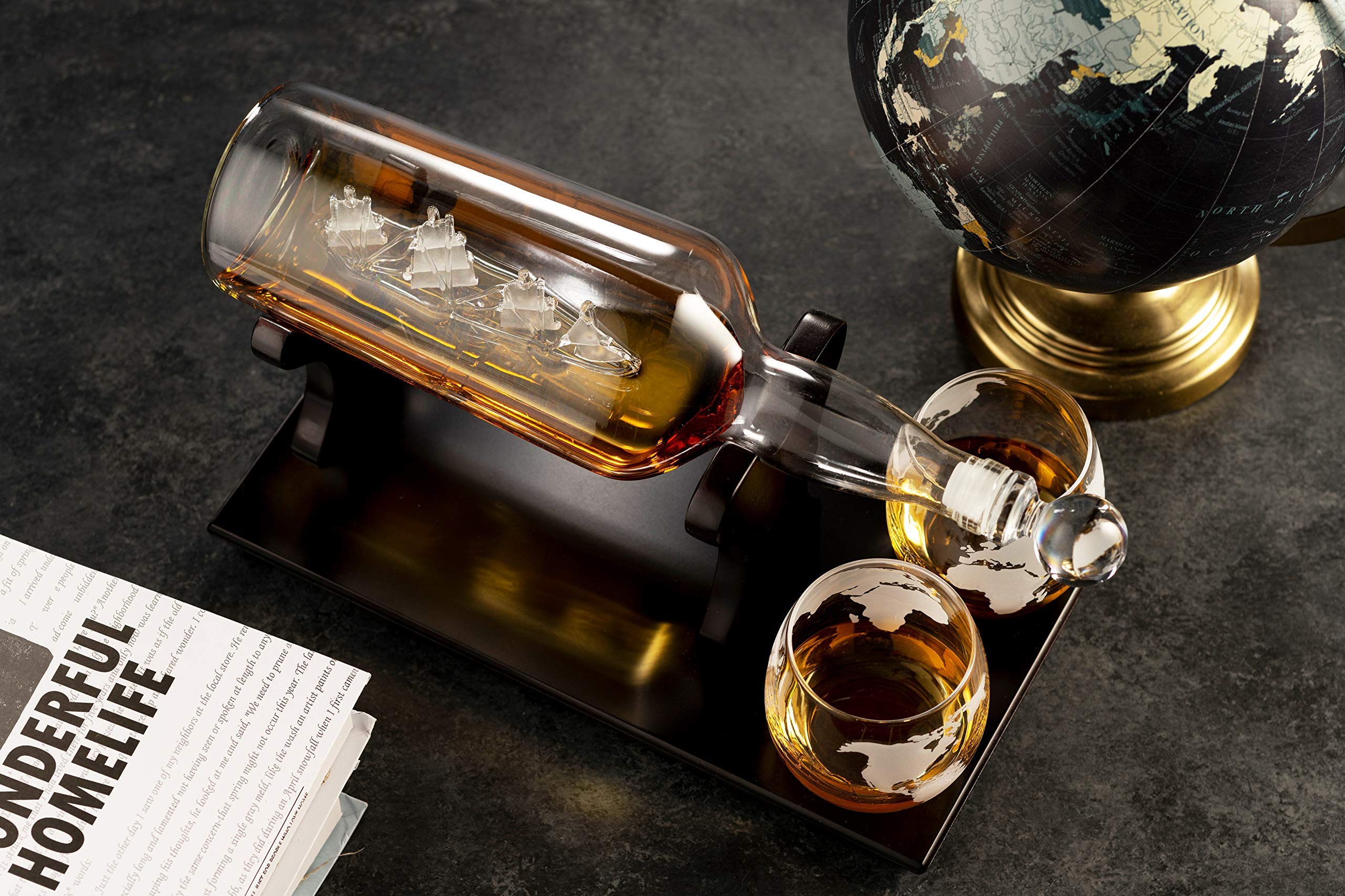 Godinger Whiskey Decanter Set with 2 Glasses - Elegant Ship in a Bottle Design for Scotch, Bourbon & Liquor - Perfect Bar Accessories & Unique Gift for Men (Home Bar, Dinner Parties, Anniversary Present)