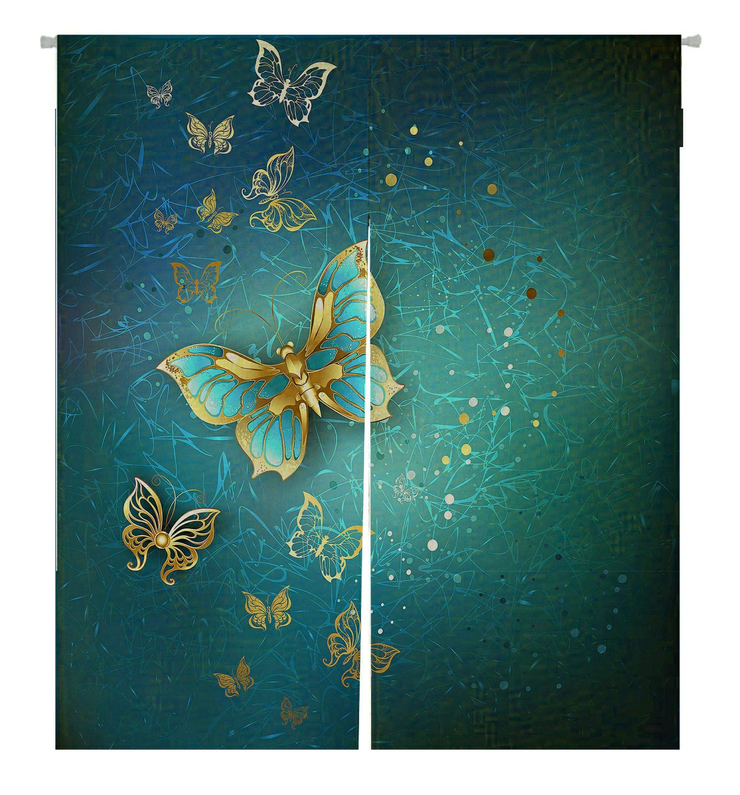 ABPHQTO Luxury Gold Butterflies Blue Japanese Noren Curtain - Cotton Linen Door Window Treatment (85x150cm) for Home Decor, Bedroom, Living Room & Entryway